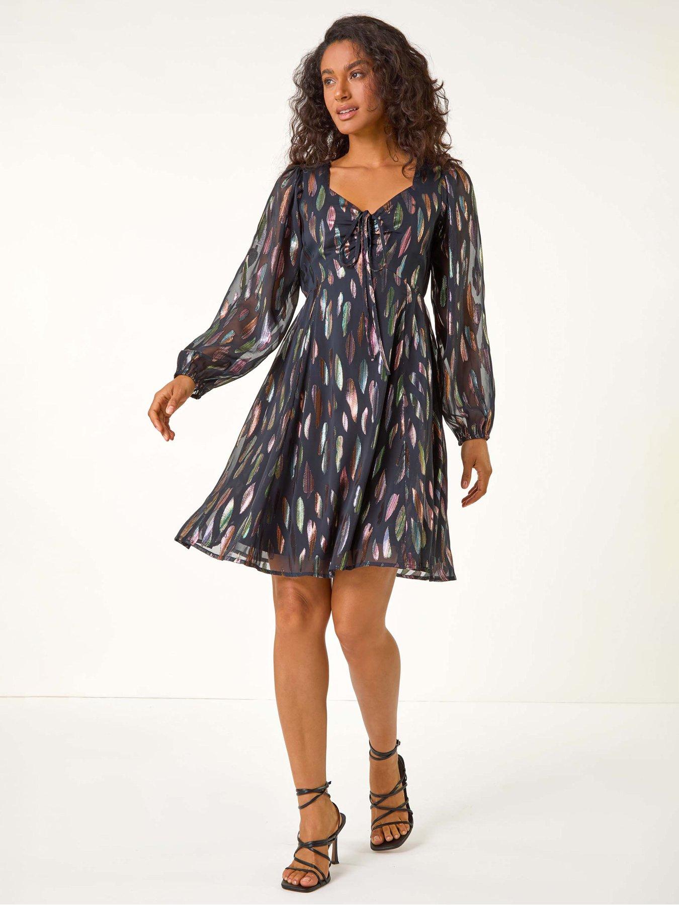 Image 1 of 5 of Roman Foil Print Tie Front Fit &amp; Flare Dress - Black