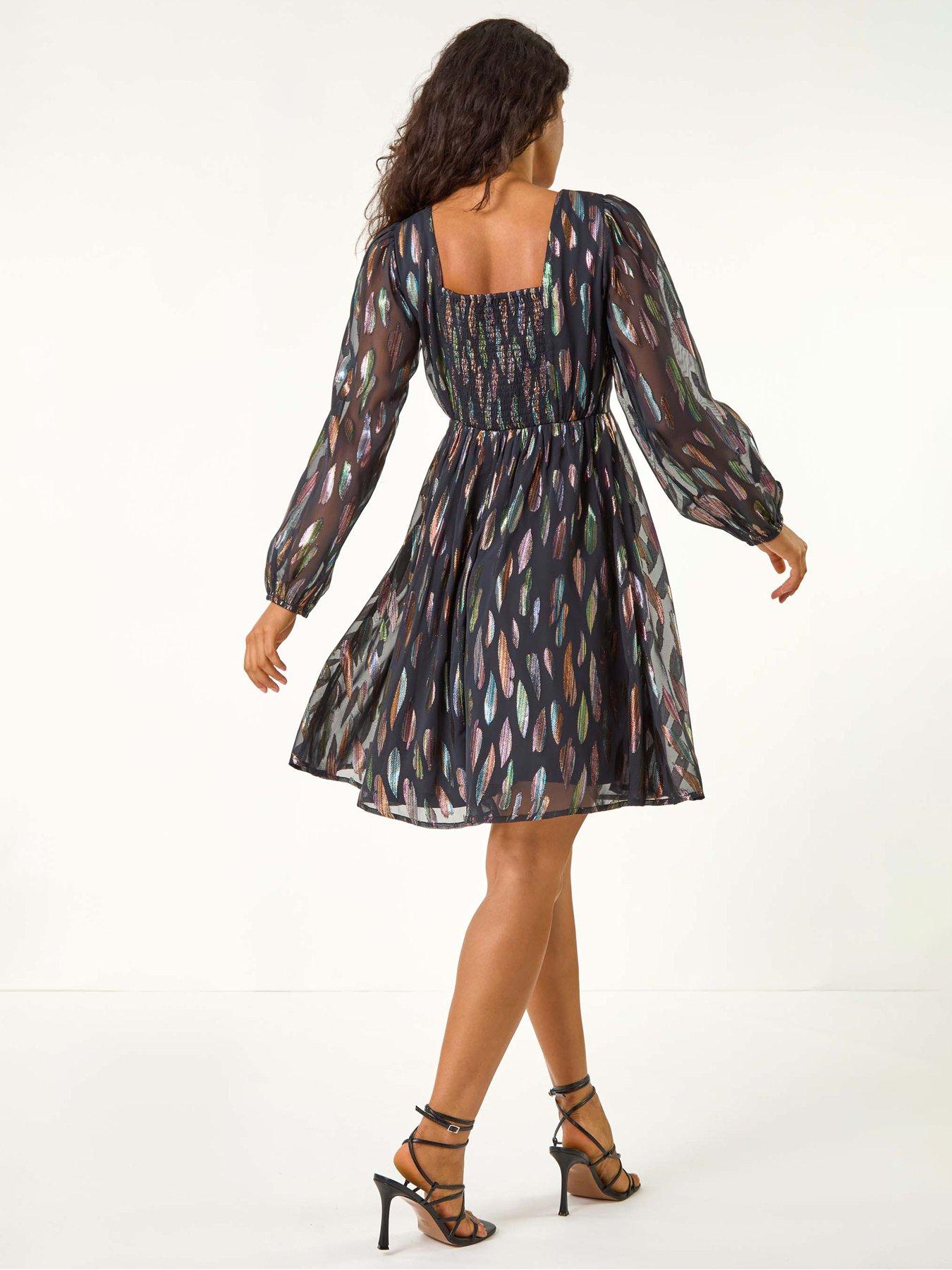 Image 2 of 5 of Roman Foil Print Tie Front Fit &amp; Flare Dress - Black