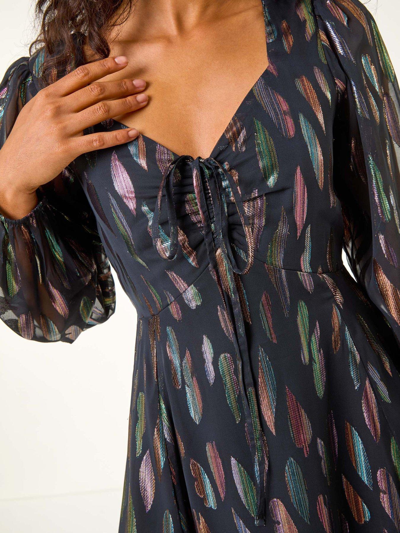 Image 5 of 5 of Roman Foil Print Tie Front Fit &amp; Flare Dress - Black