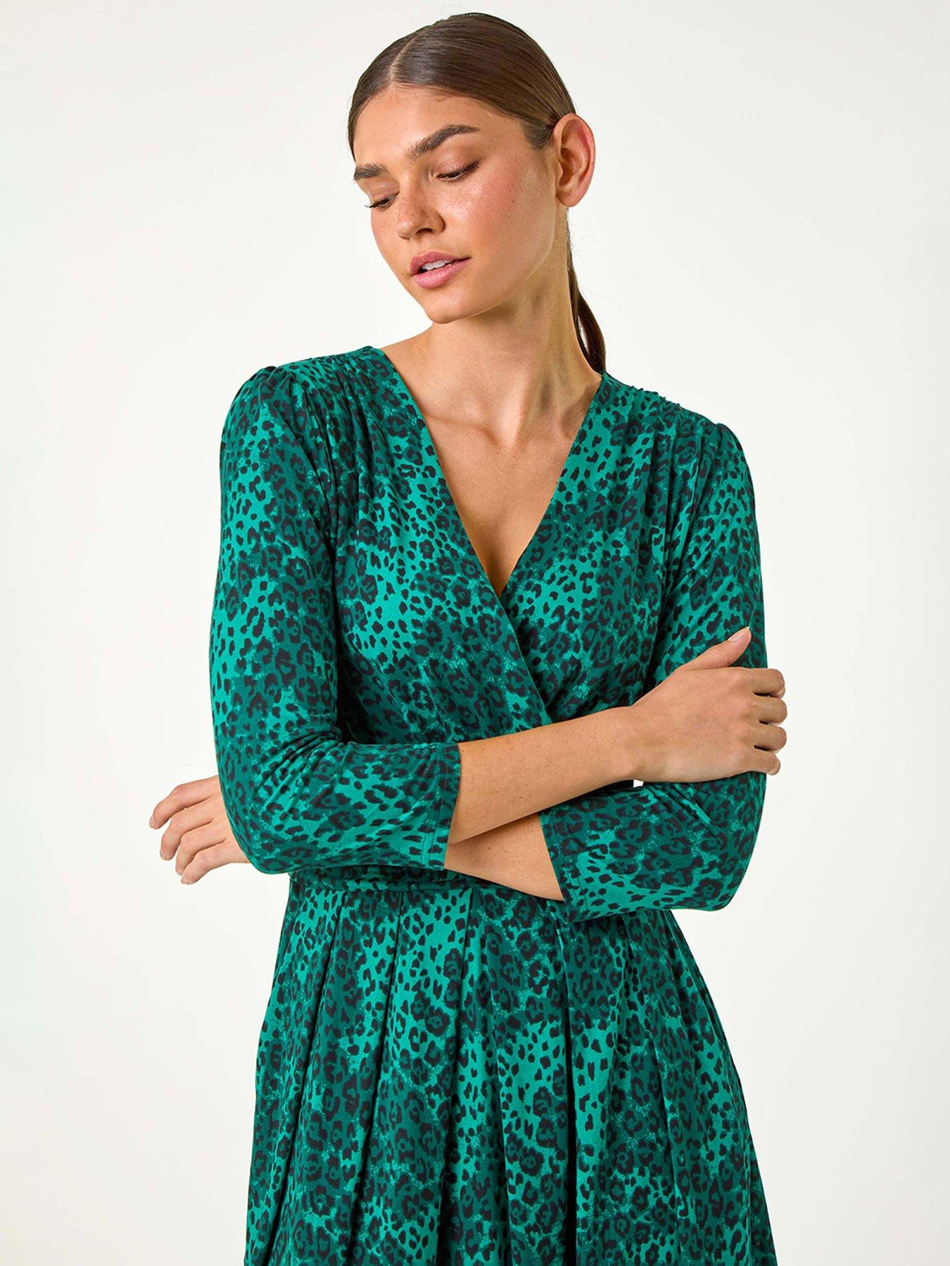 roman-animal-print-mock-wrap-midi-dress-greenoutfit