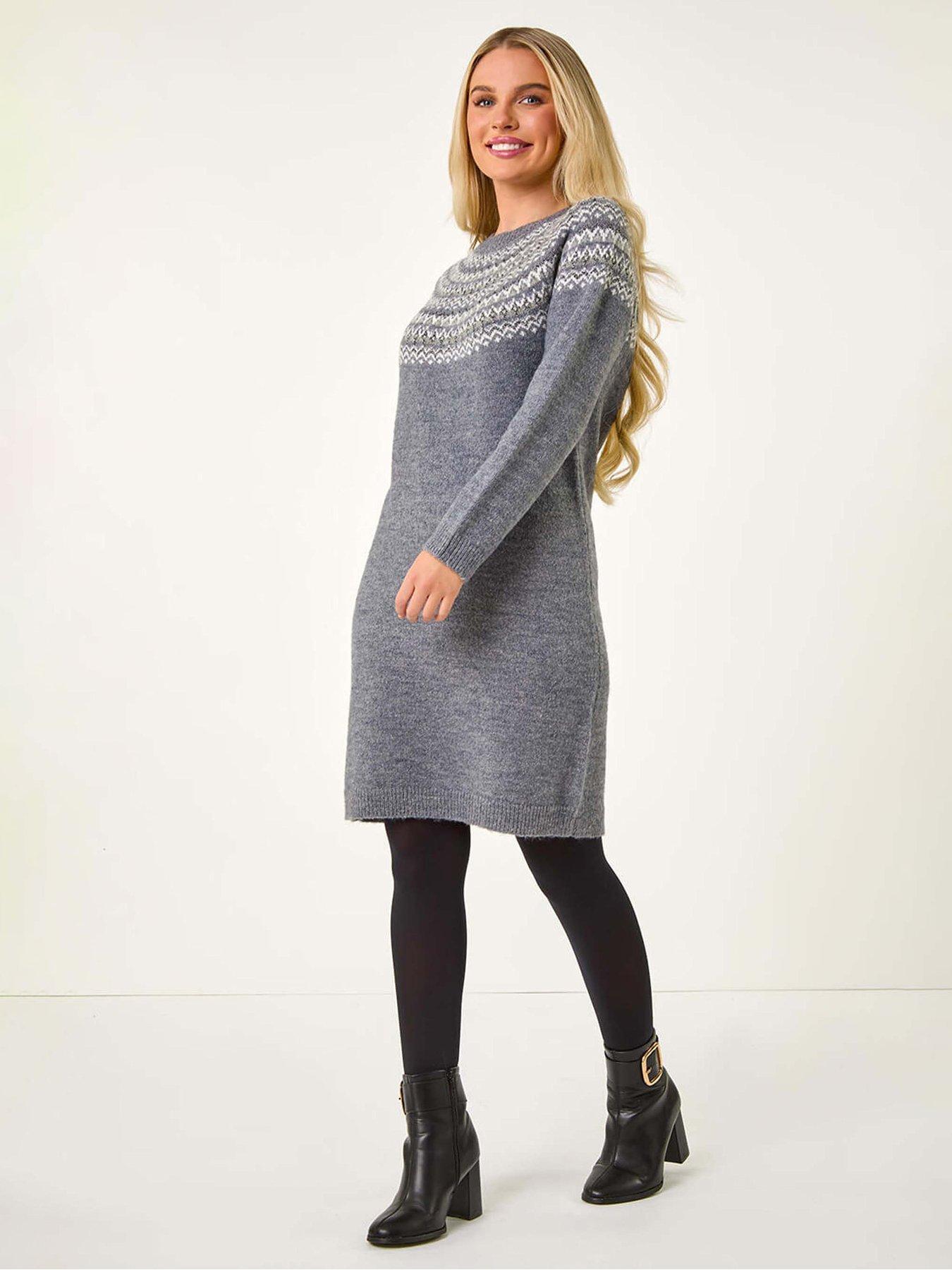 Roman Petite Fairisle Knit Jumper Dress - Grey