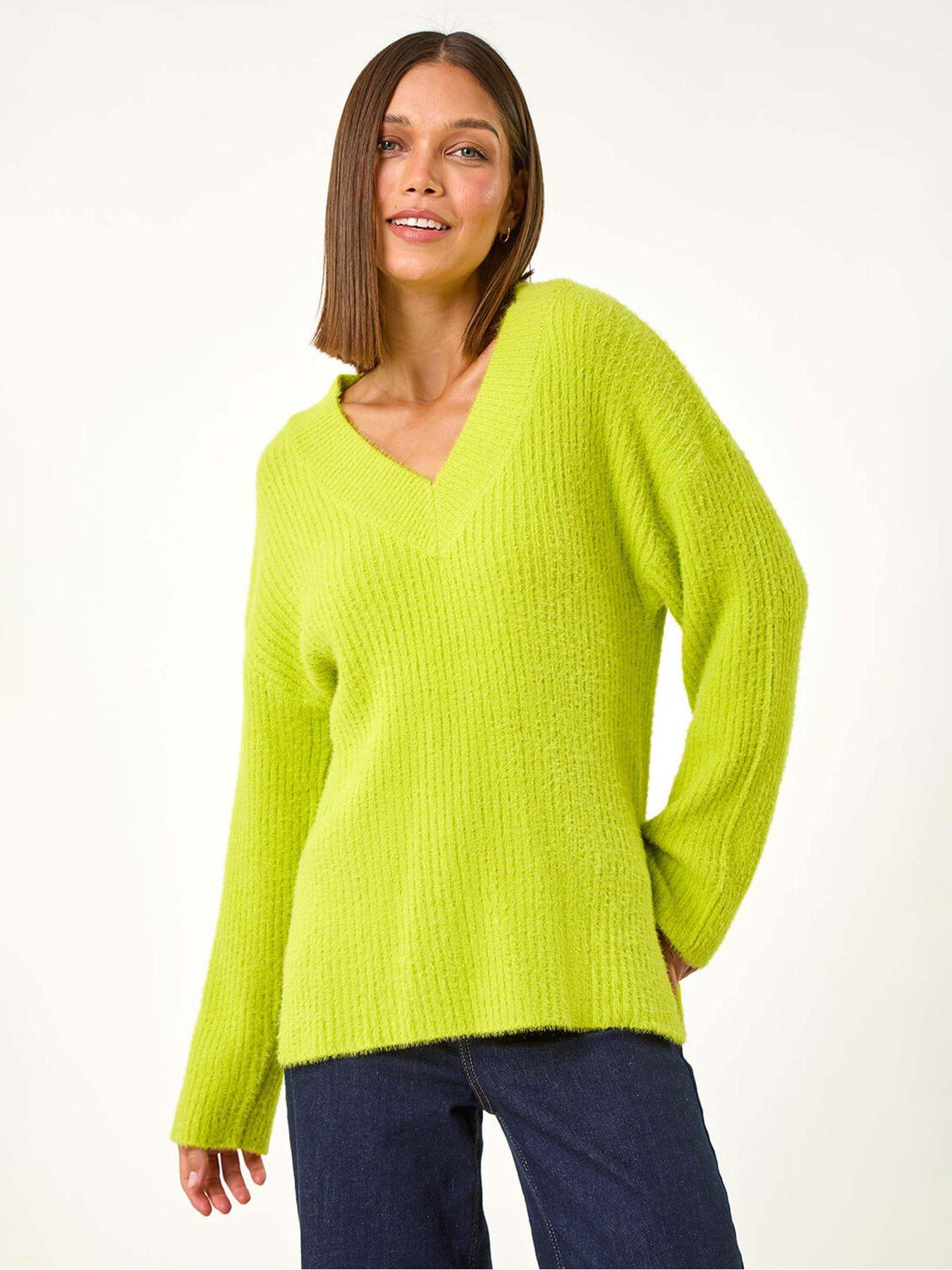Image 1 of 5 of Roman V-neck Fluffy Knit Jumper - Lime