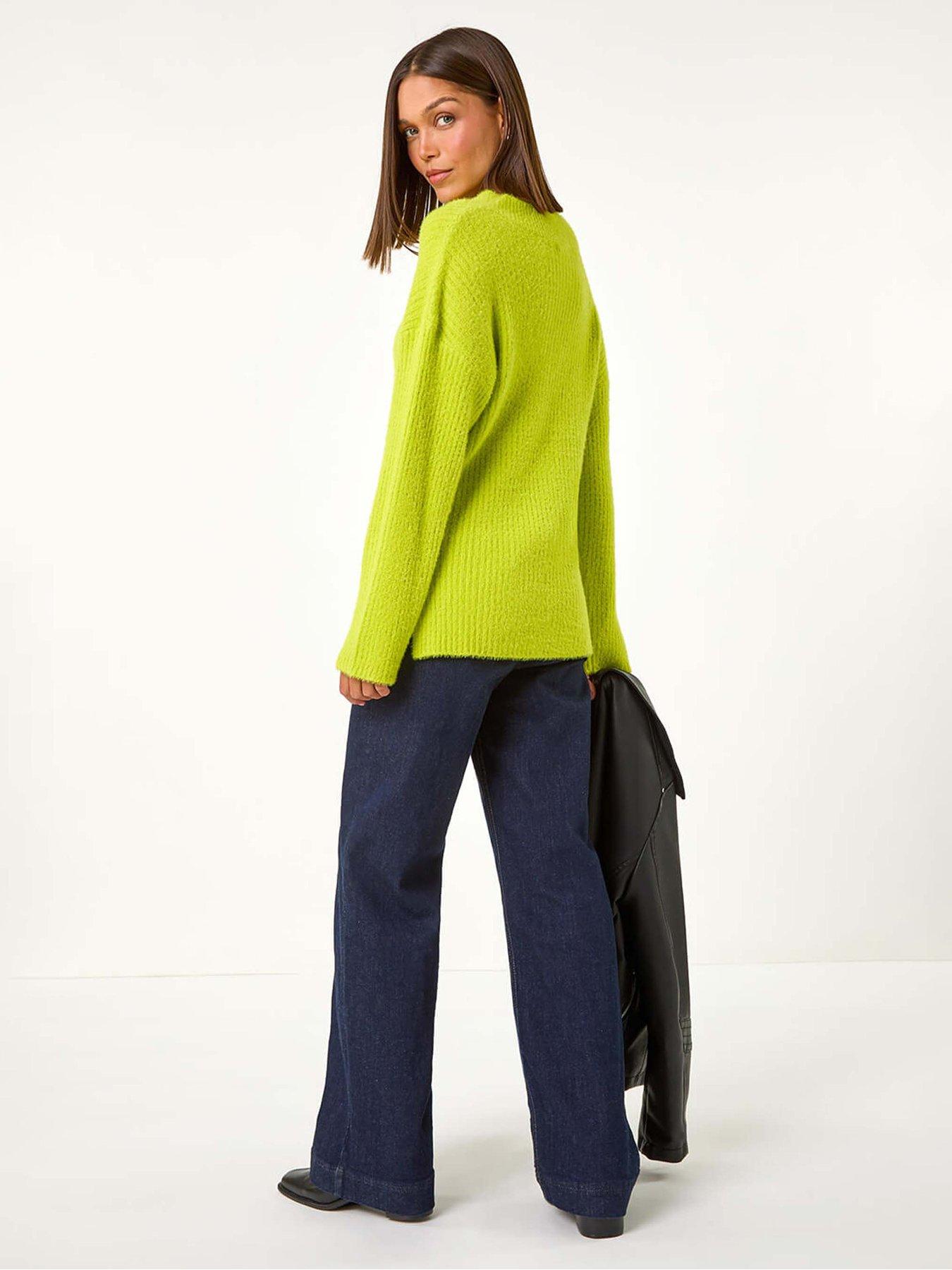 Image 2 of 5 of Roman V-neck Fluffy Knit Jumper - Lime