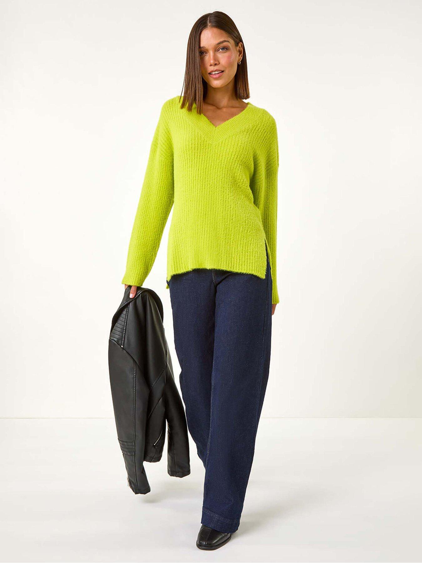 Image 3 of 5 of Roman V-neck Fluffy Knit Jumper - Lime
