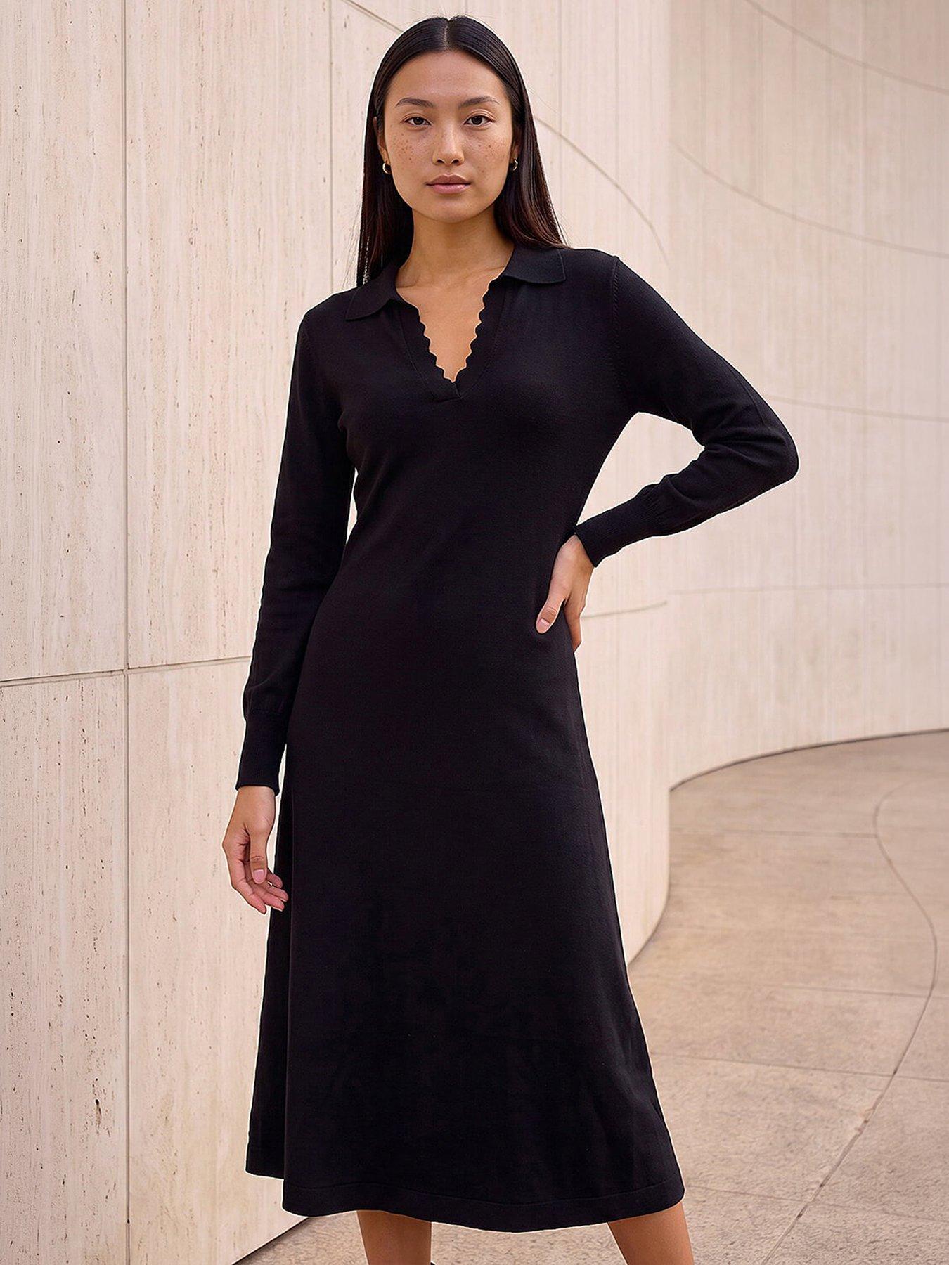 roman-scallop-detail-knitted-midi-dress-black