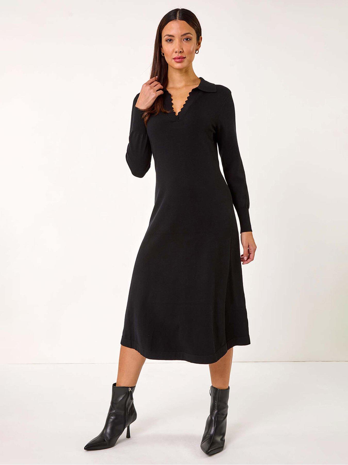 Roman Scallop Detail Knitted Midi Dress - Black