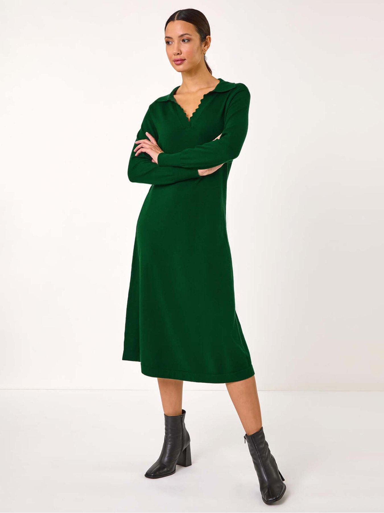 Roman Scallop Detail Knitted Midi Dress - Dark Green