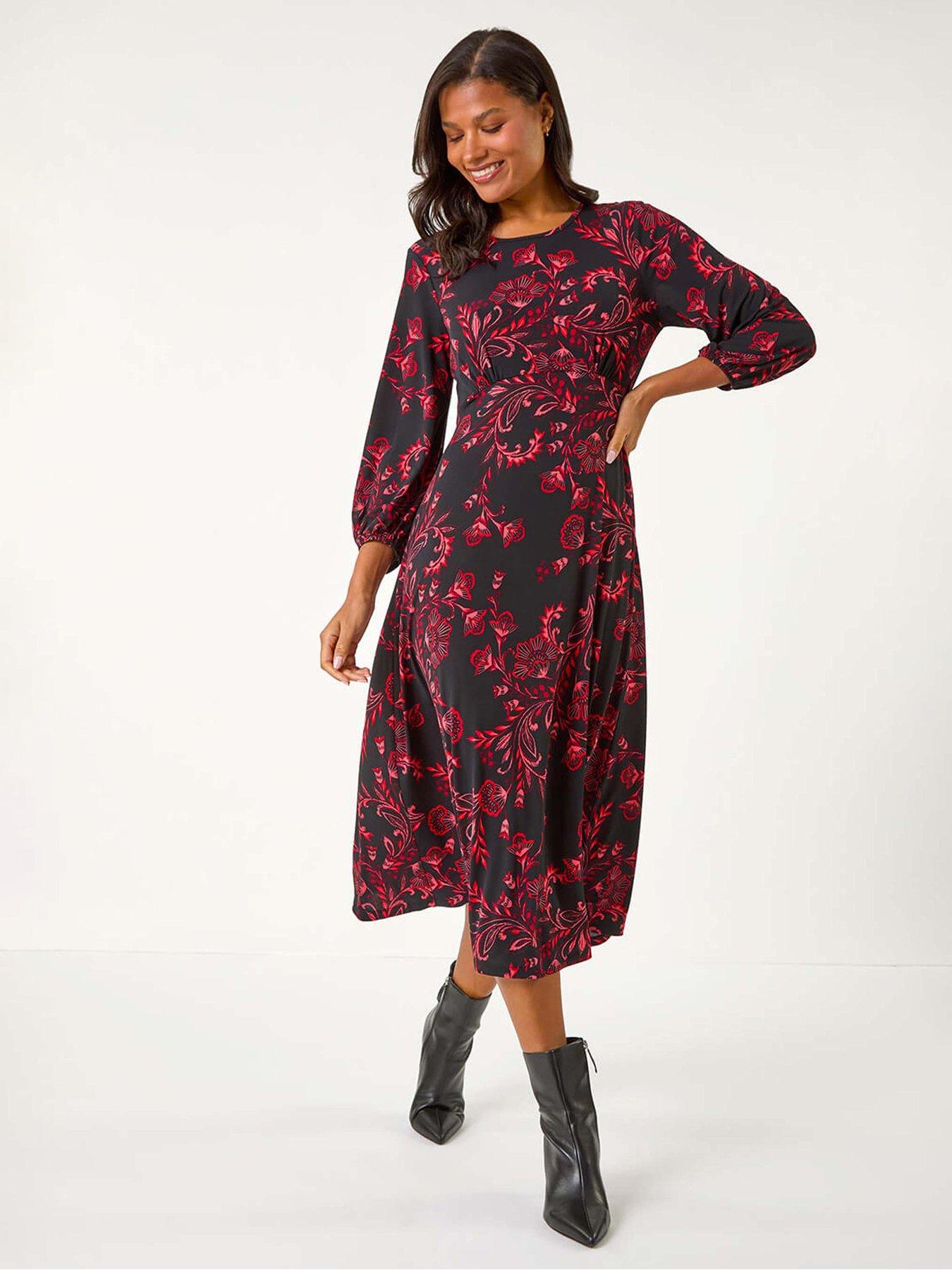 Roman Floral A-line Midi Dress - Red