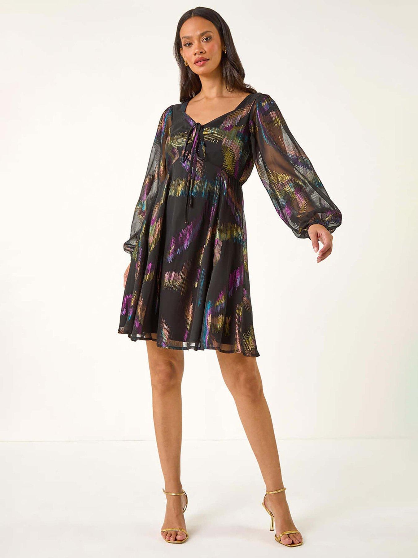 Roman Dusk Foil Print Tie Dress - Black