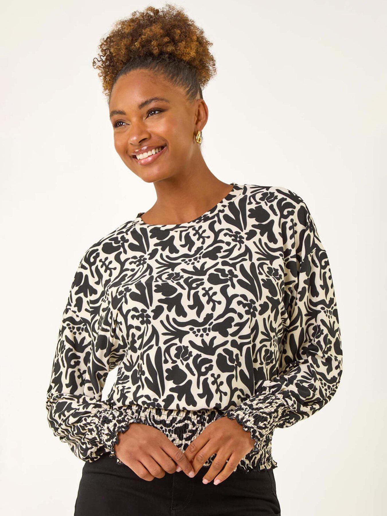 Roman Abstract Print Stretch Top - Black