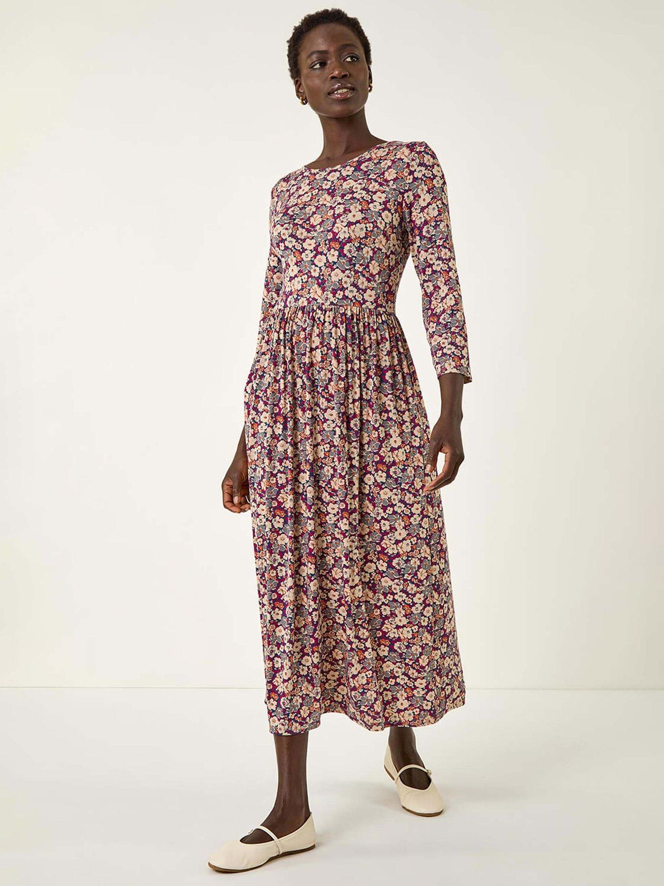 Image 1 of 5 of Roman Multi Floral Gathered Midi Dress - Stone