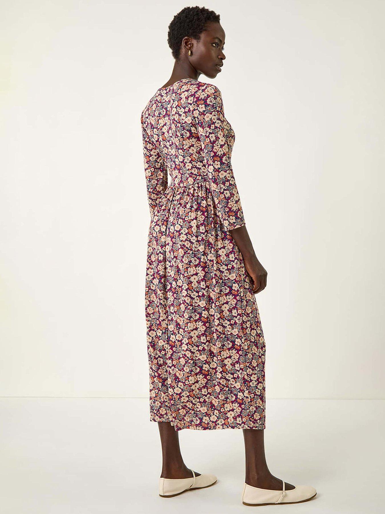 Image 2 of 5 of Roman Multi Floral Gathered Midi Dress - Stone