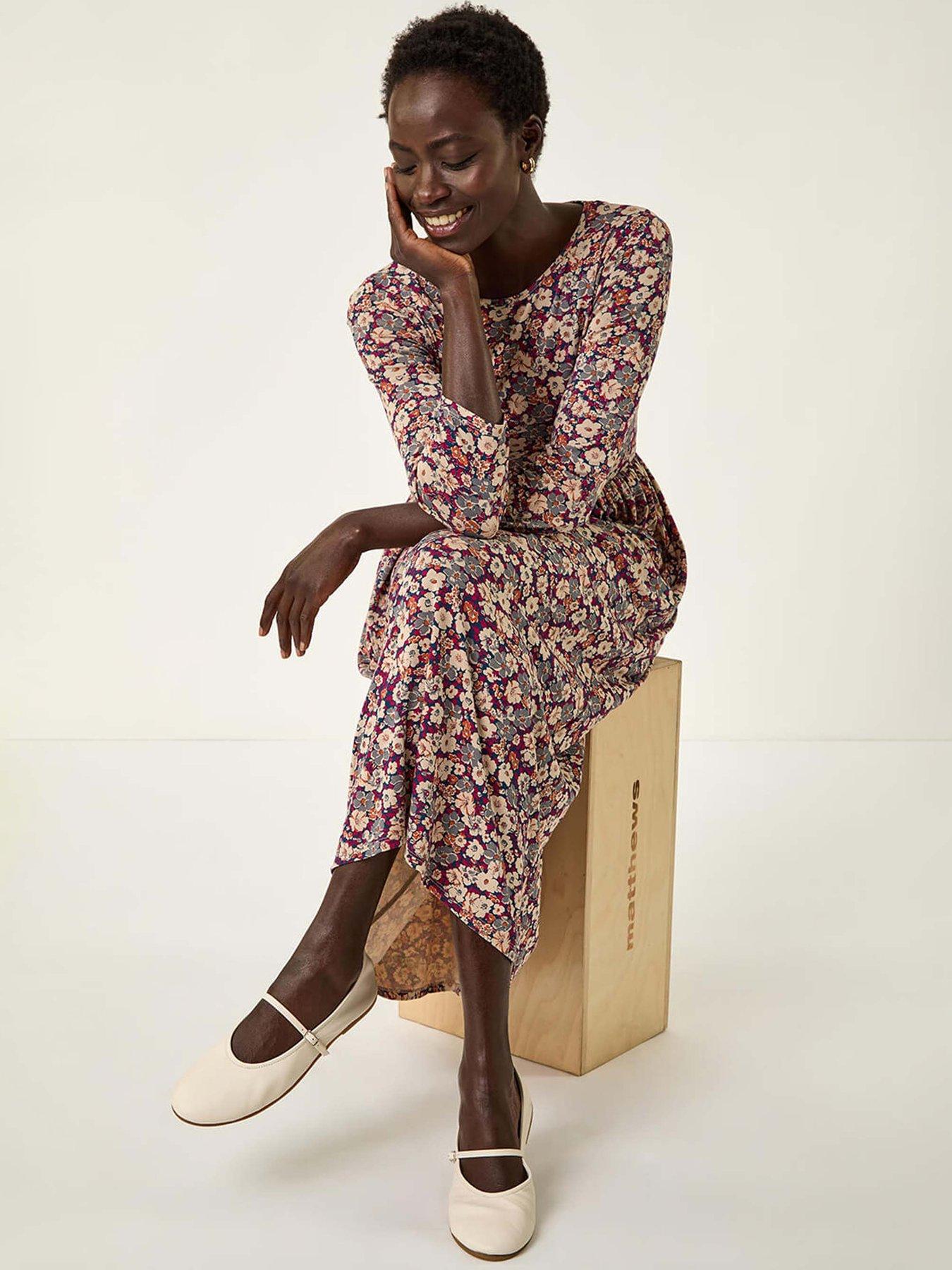 Image 4 of 5 of Roman Multi Floral Gathered Midi Dress - Stone