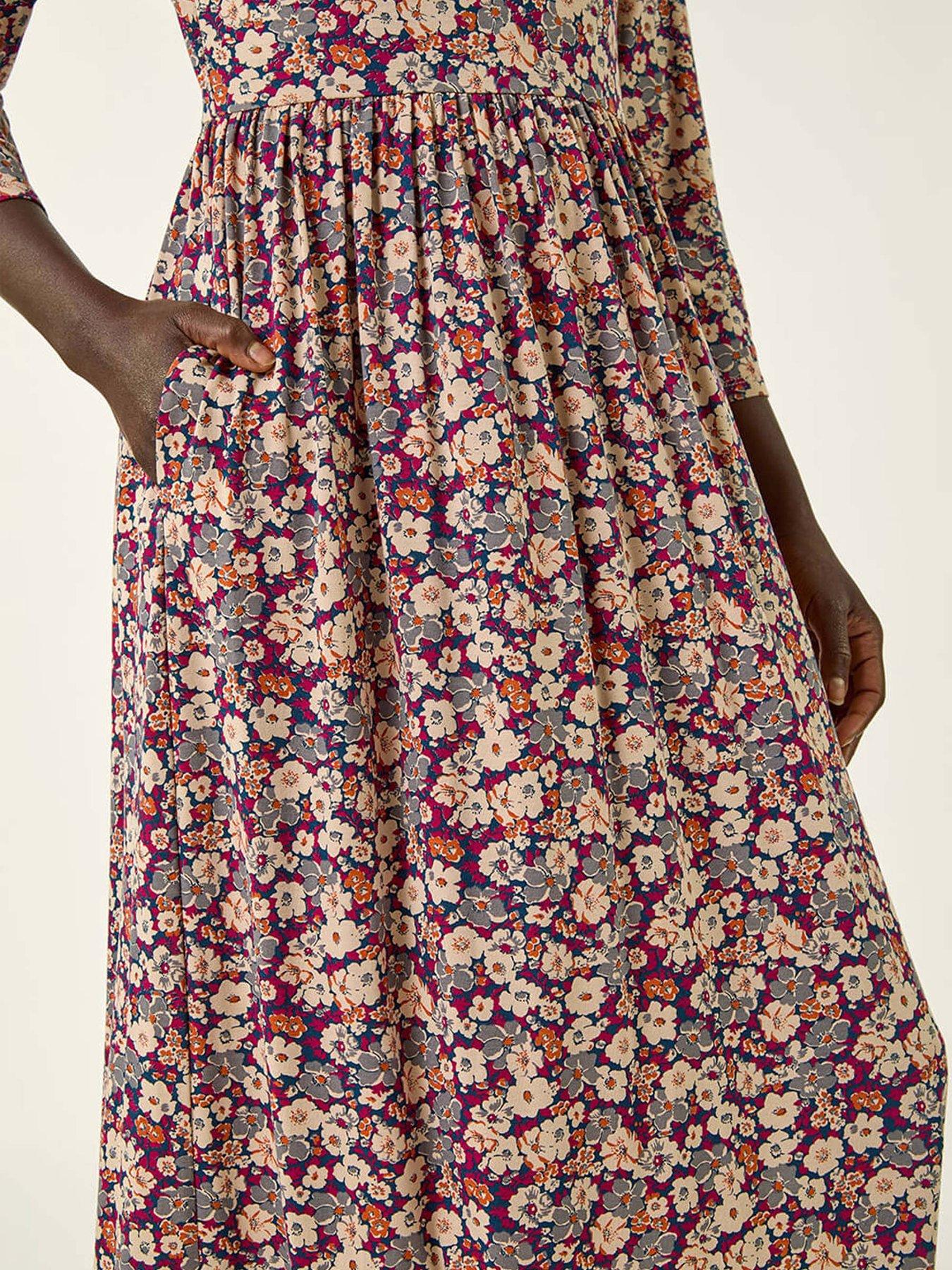 Image 5 of 5 of Roman Multi Floral Gathered Midi Dress - Stone