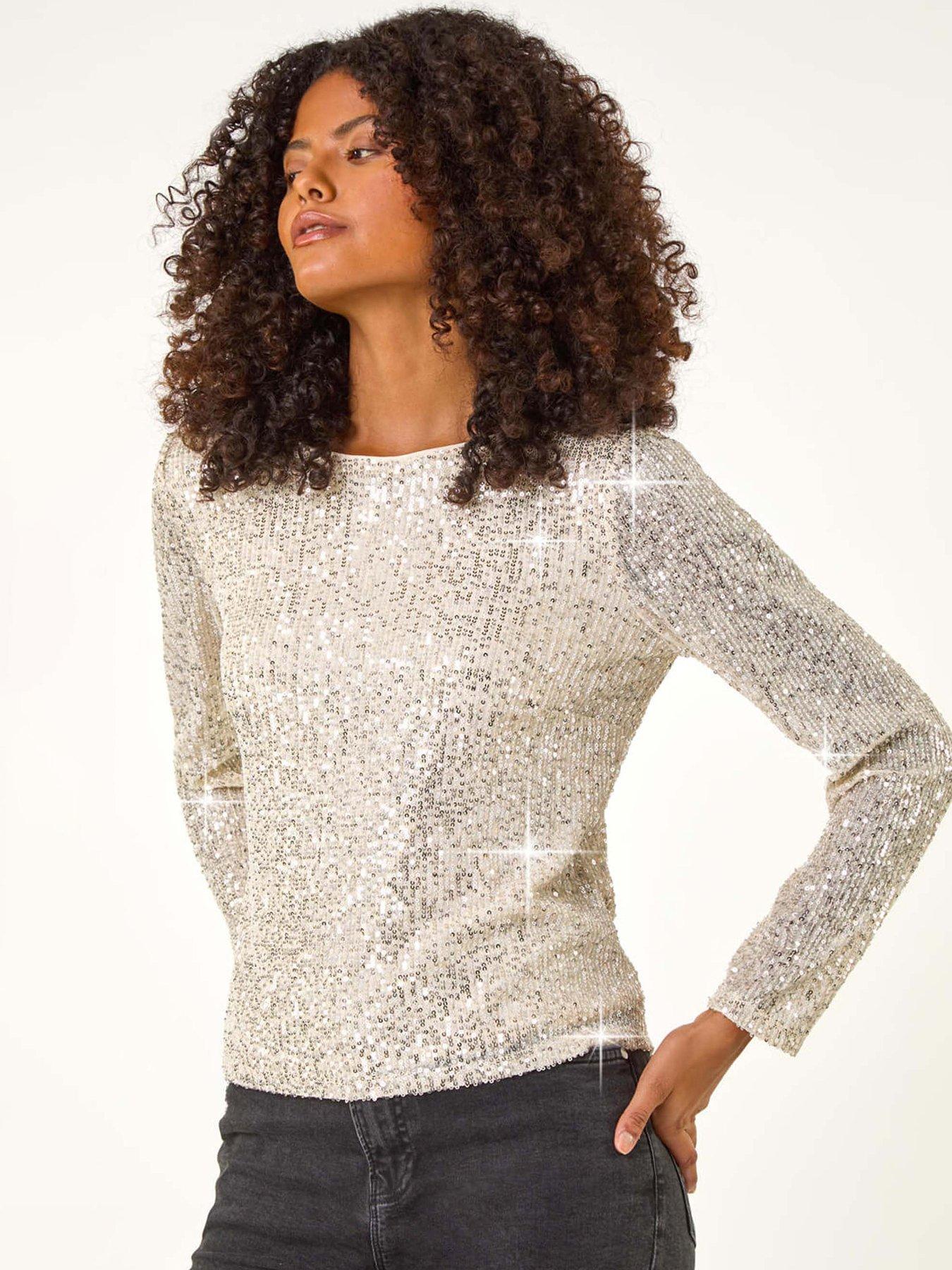 Image 1 of 5 of Roman Sequin Long Sleeve Stretch Top - Champagne