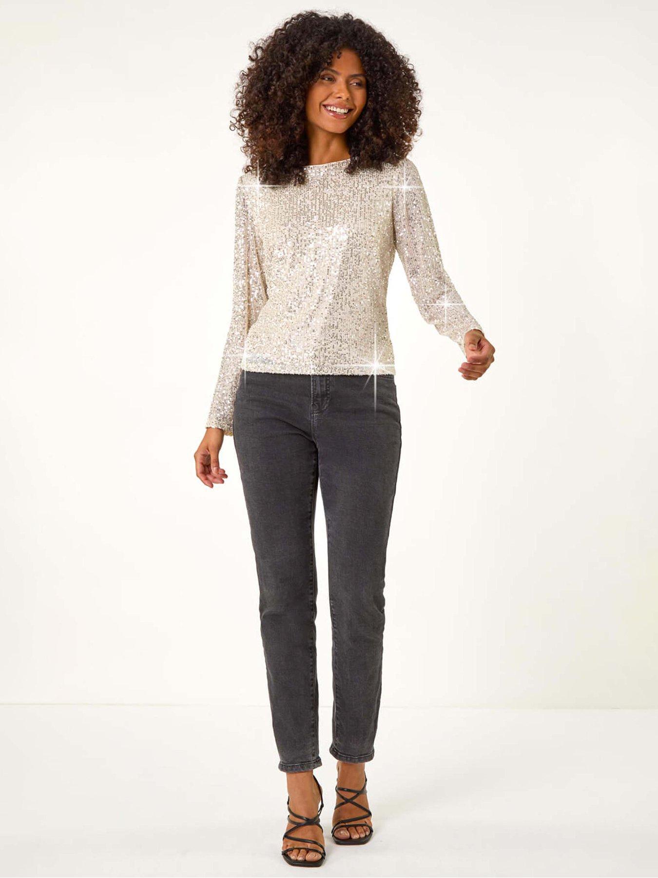 Image 3 of 5 of Roman Sequin Long Sleeve Stretch Top - Champagne