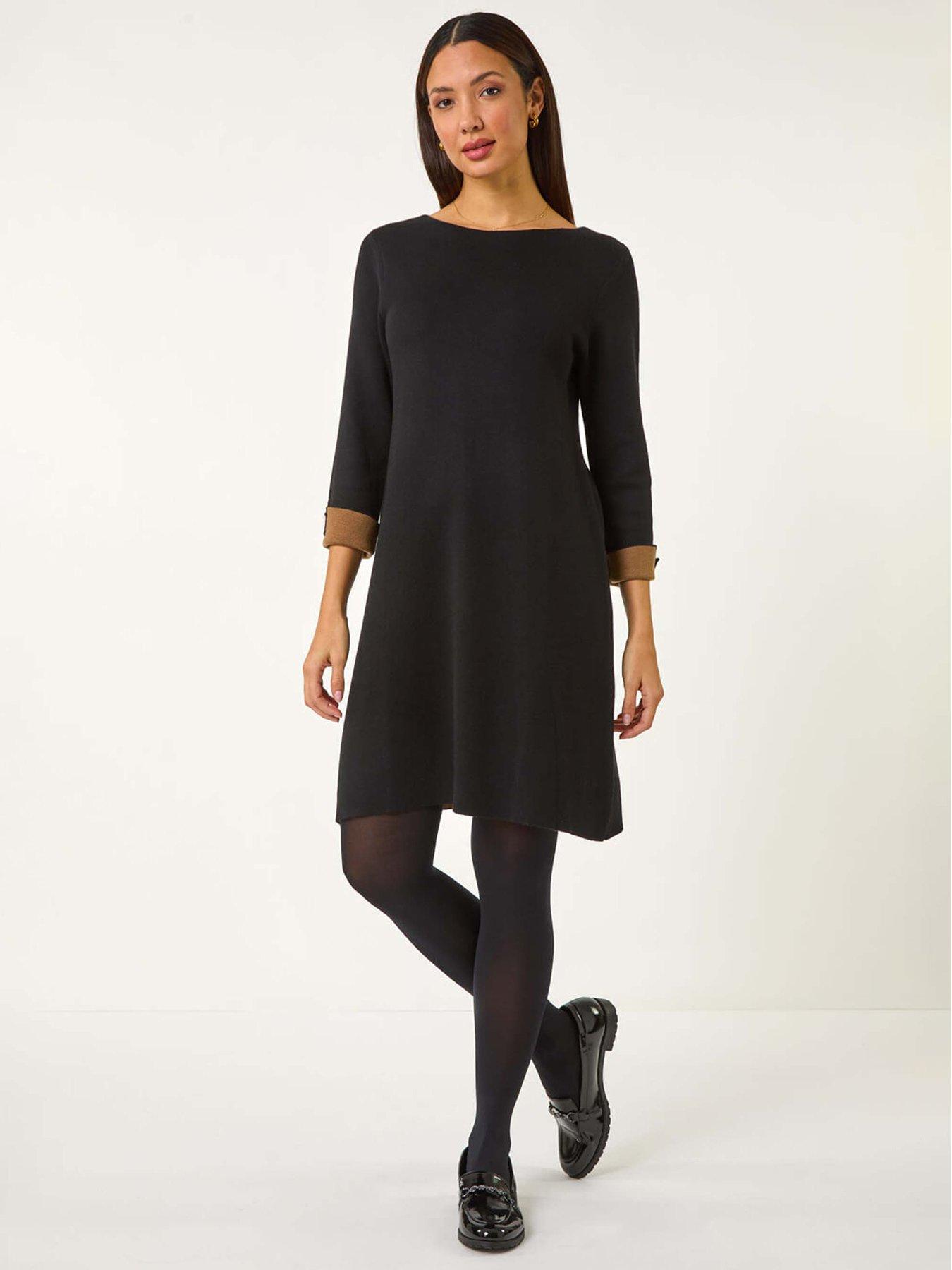 Image 1 of 5 of Roman Contrast Sleeve Knitted Shift Dress - Black