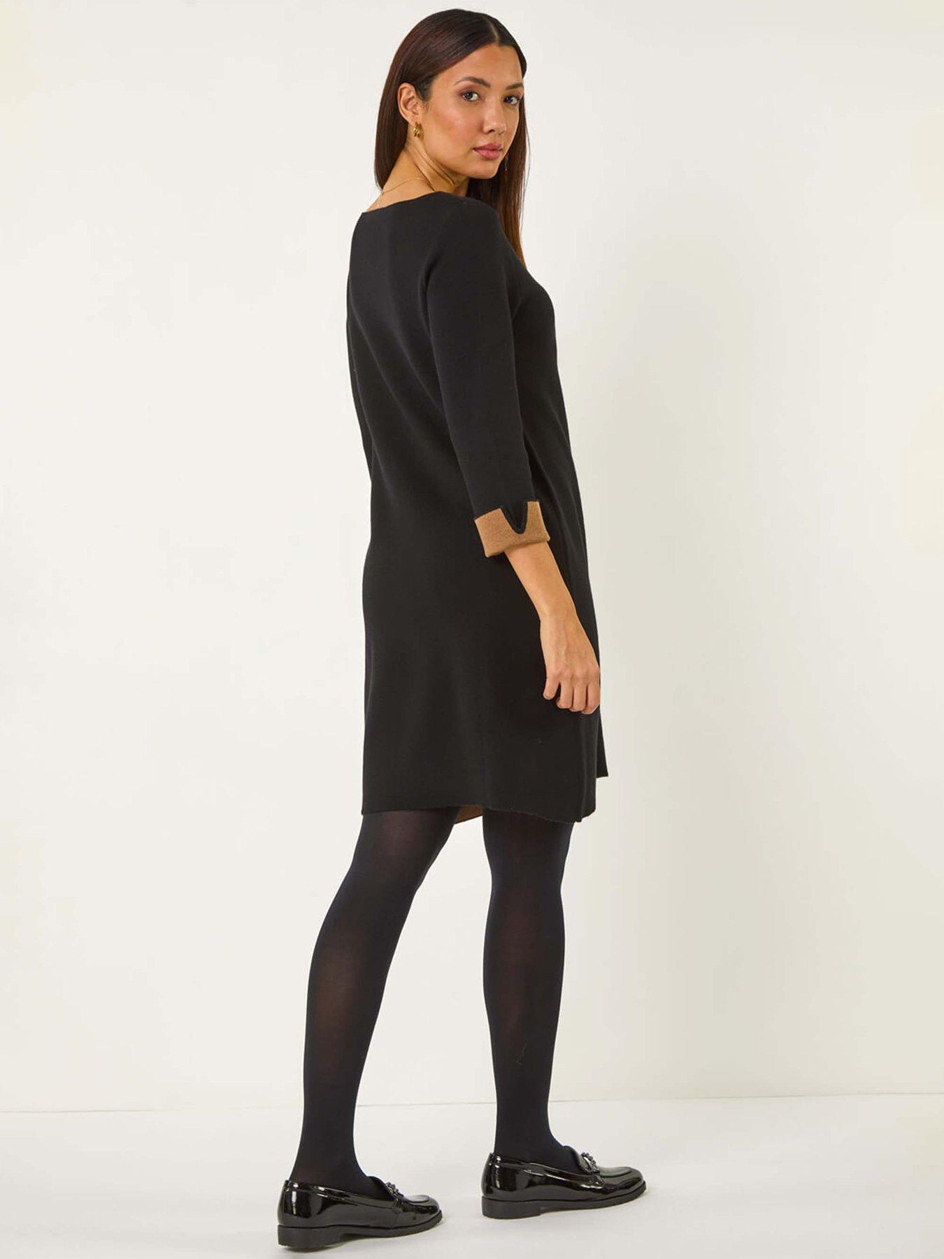 Image 2 of 5 of Roman Contrast Sleeve Knitted Shift Dress - Black