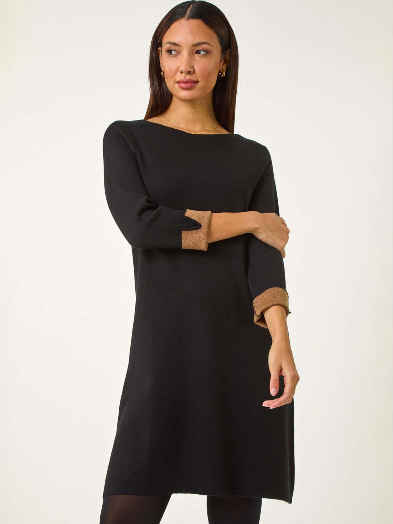 Image 3 of 5 of Roman Contrast Sleeve Knitted Shift Dress - Black