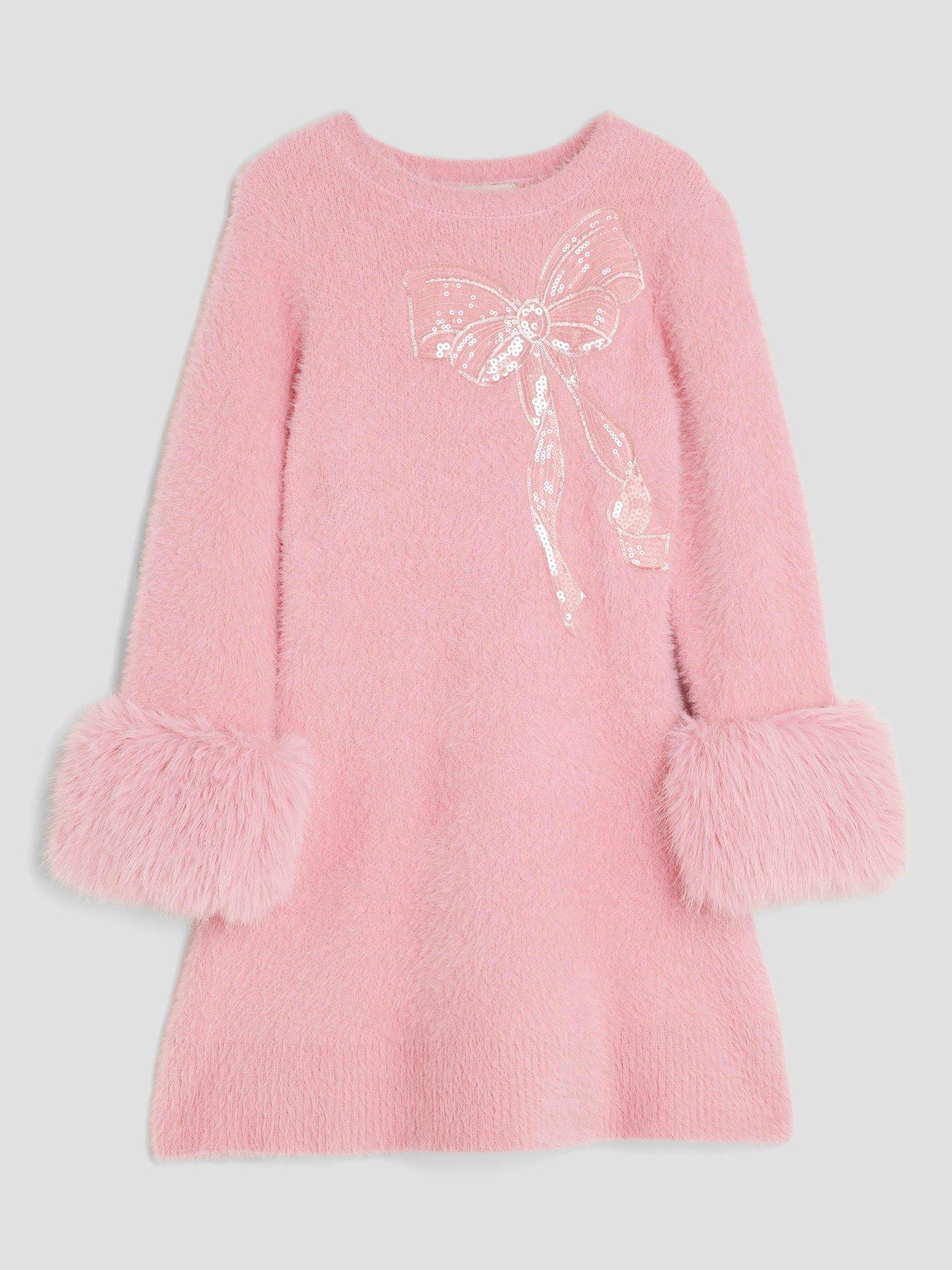 River Island Older Girls Fur Cuff Sequin Bow Skater Dress - Pink