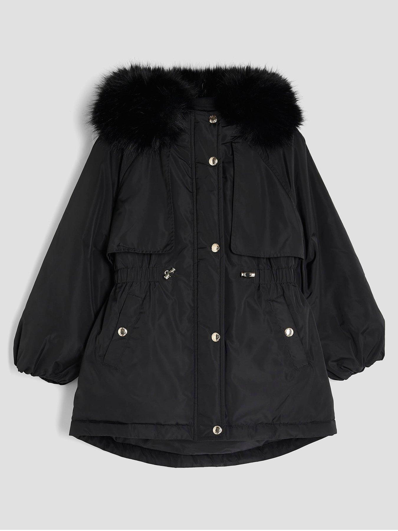 River Island Older Girls Faux Fur Hooded Coat - Black