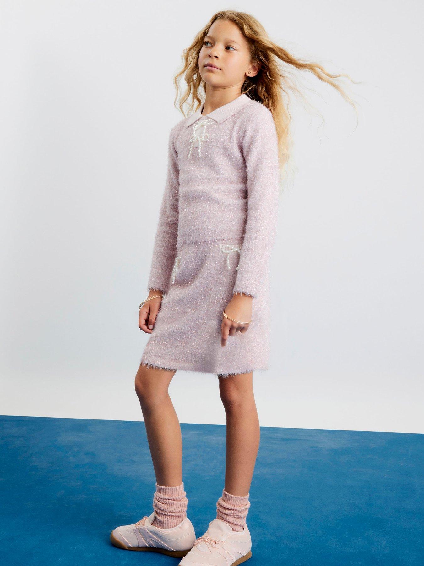 River Island Older Girls Lurex Bow Skirt Set - Pink
