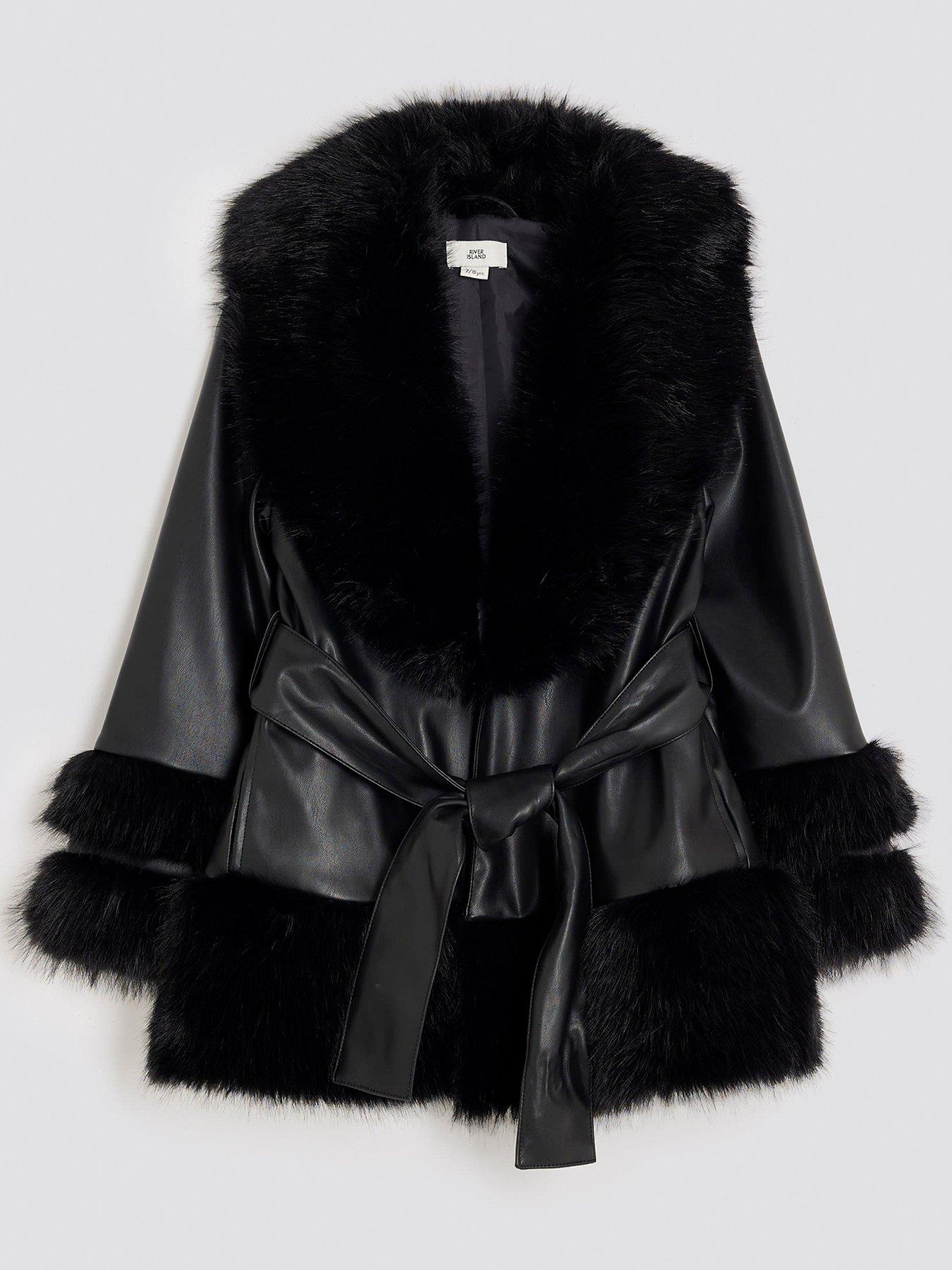 River Island Older Girls Faux Fur Wrap Coat - Black