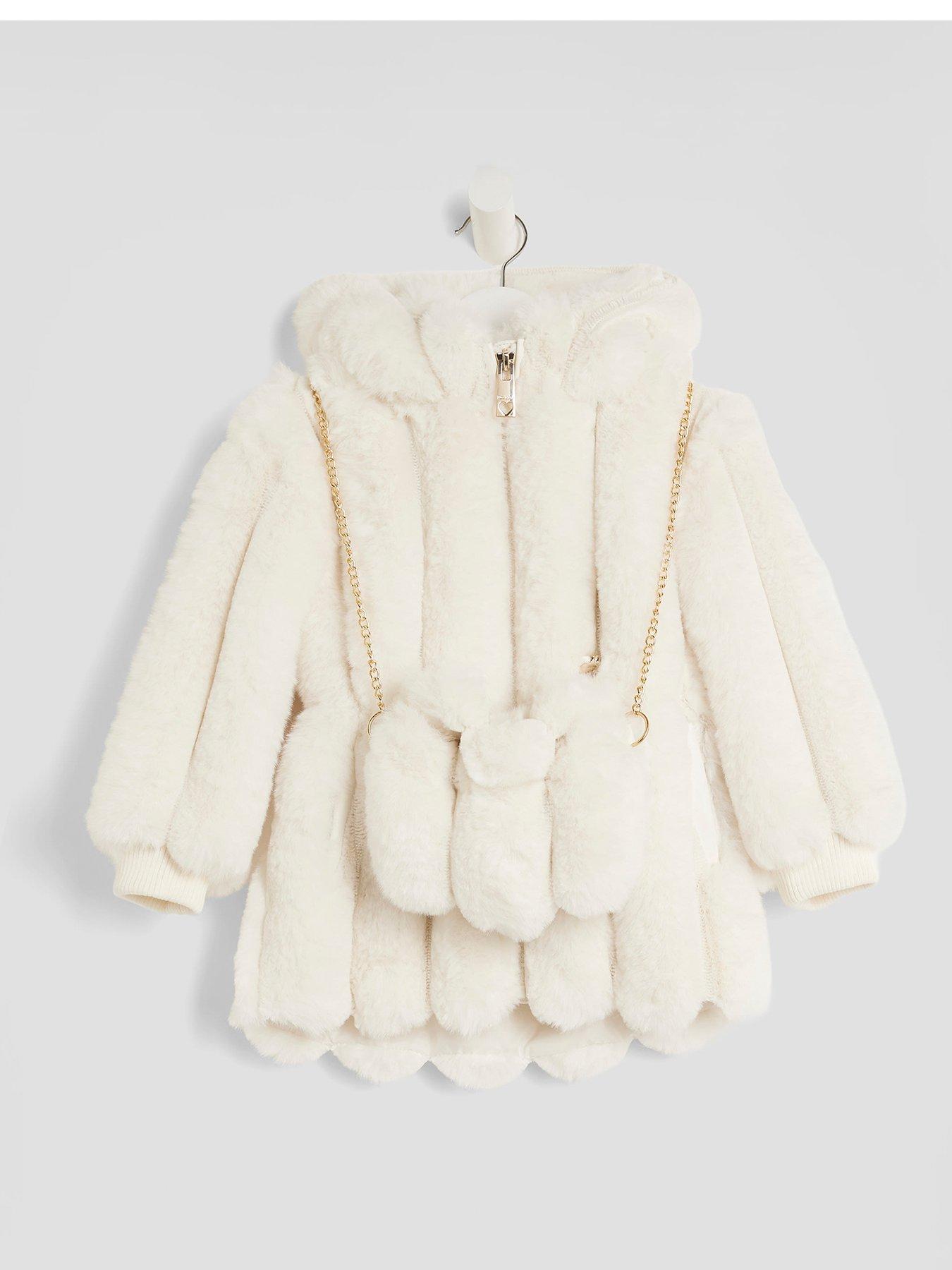 River Island Mini Girls Faux Fur Coat With Bag - Beige