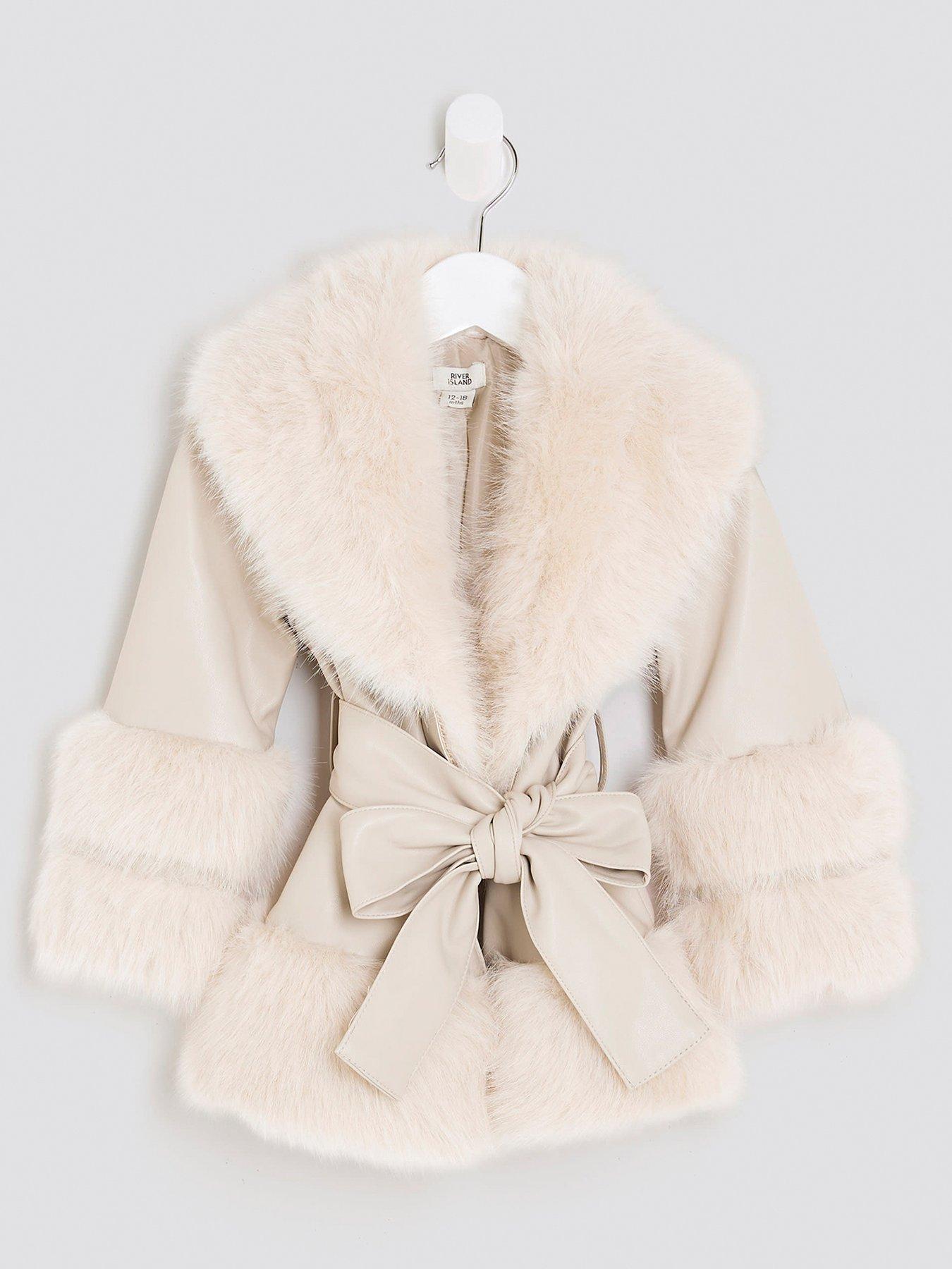 River Island Mini Girls Faux Fur Wrap Coat - Cream