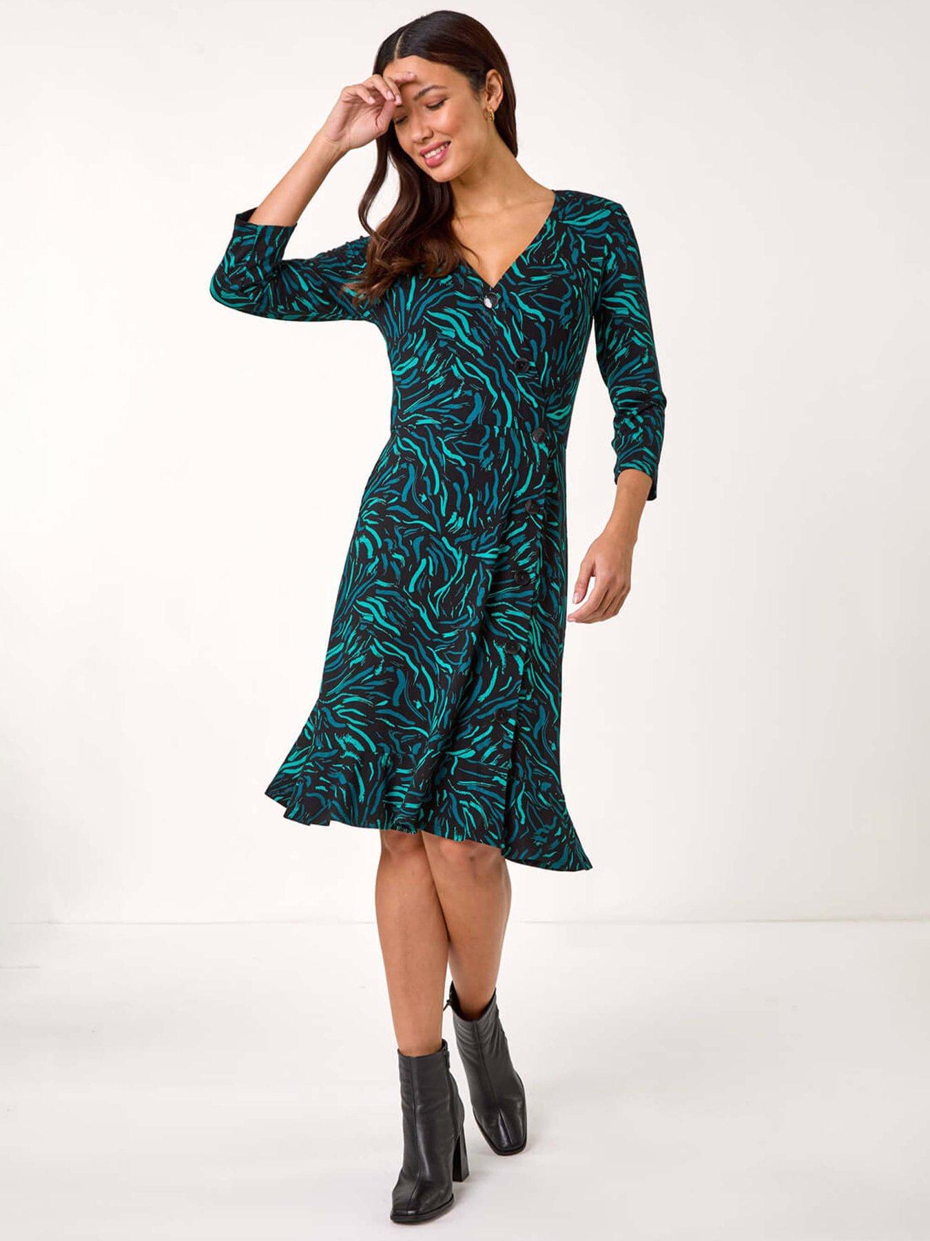 roman-wave-print-side-button-stretch-dress-teal