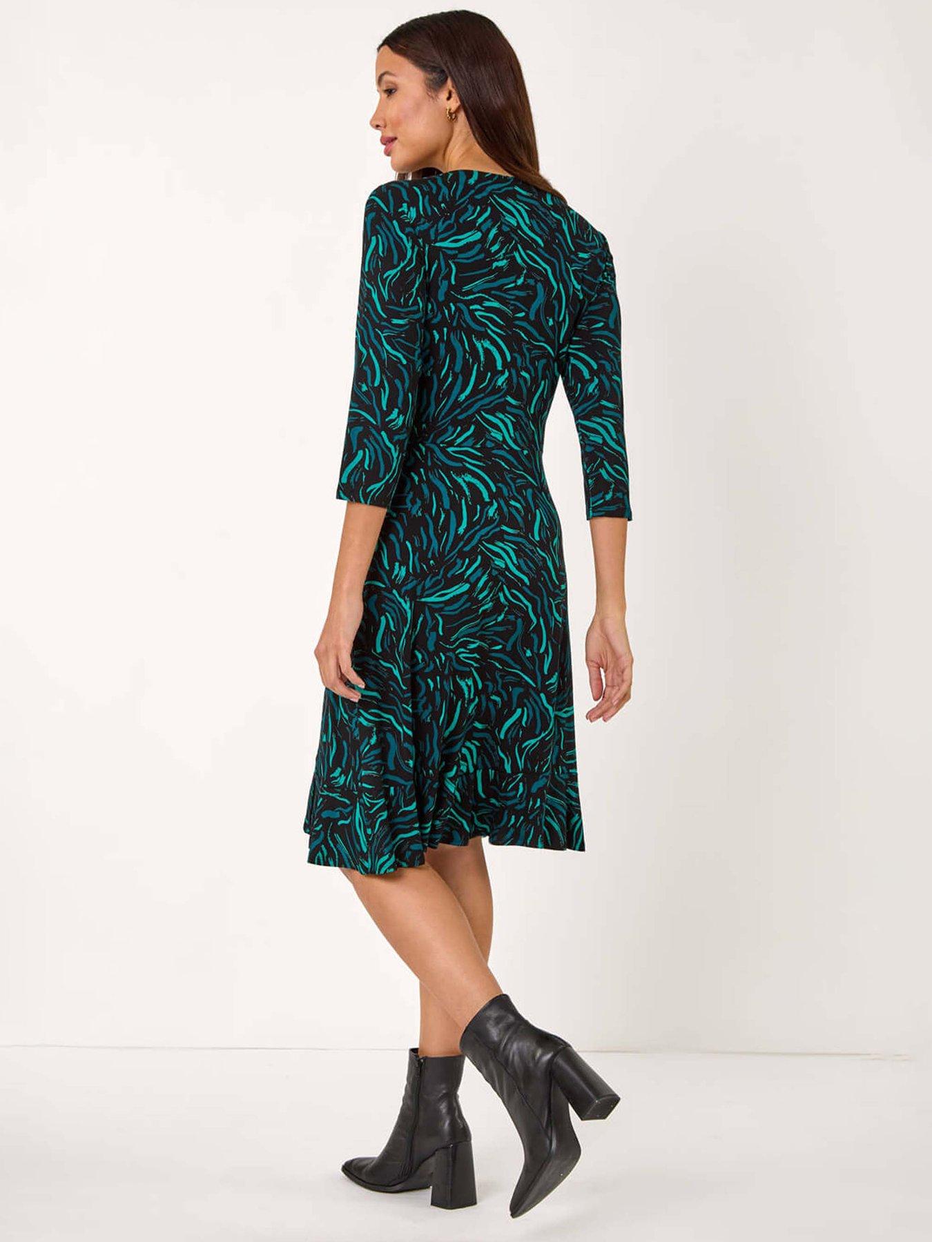 roman-wave-print-side-button-stretch-dress-tealstillFront