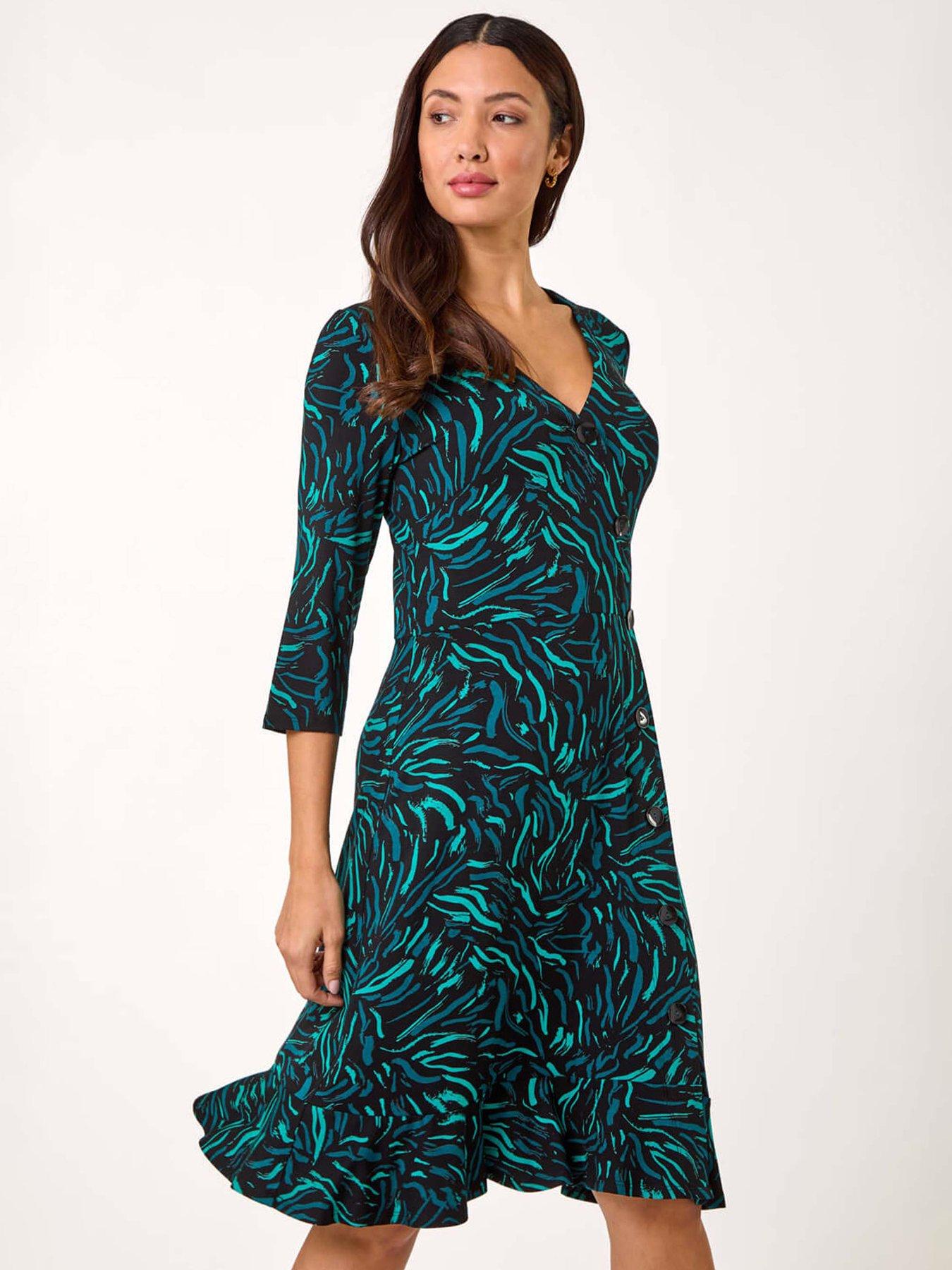 roman-wave-print-side-button-stretch-dress-tealback