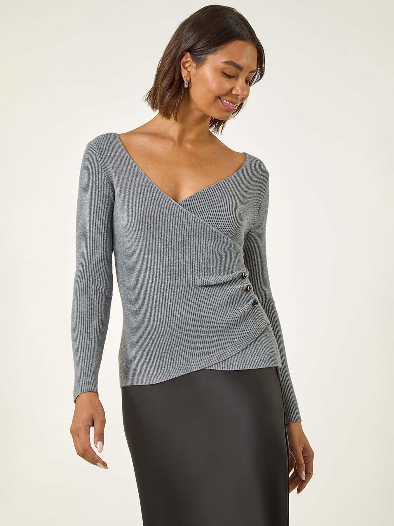 Roman Wrap Button Detail Knit Jumper - Grey