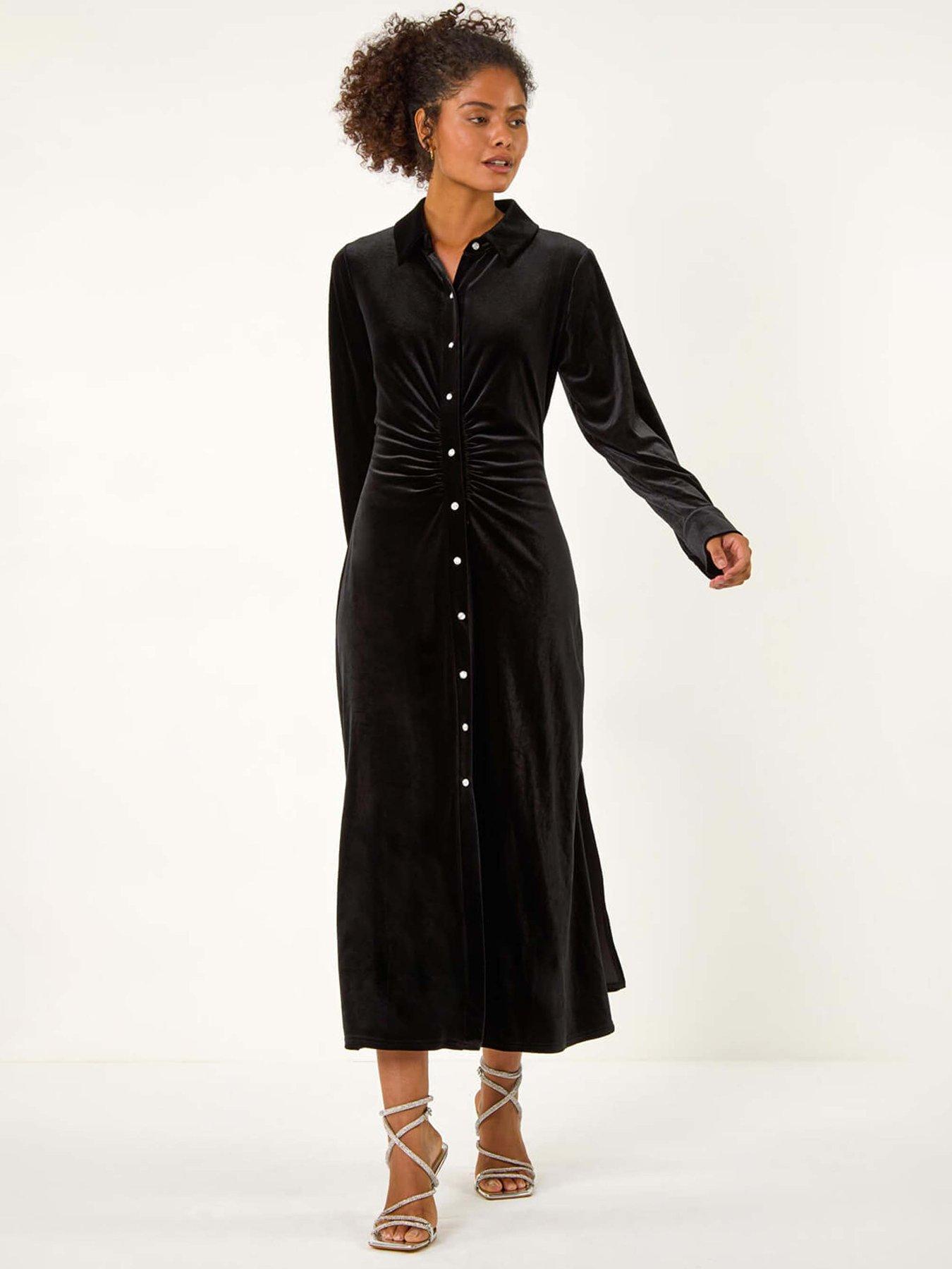 roman-dusk-velvet-button-midi-shirt-dress-black