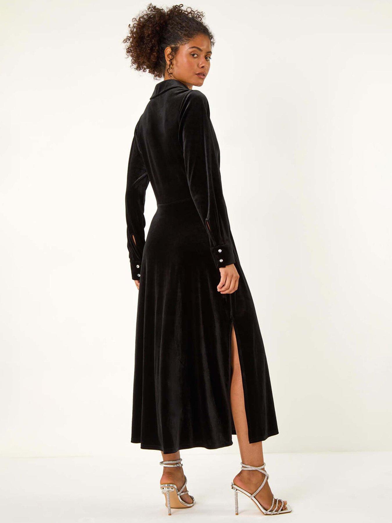 roman-dusk-velvet-button-midi-shirt-dress-blackstillFront