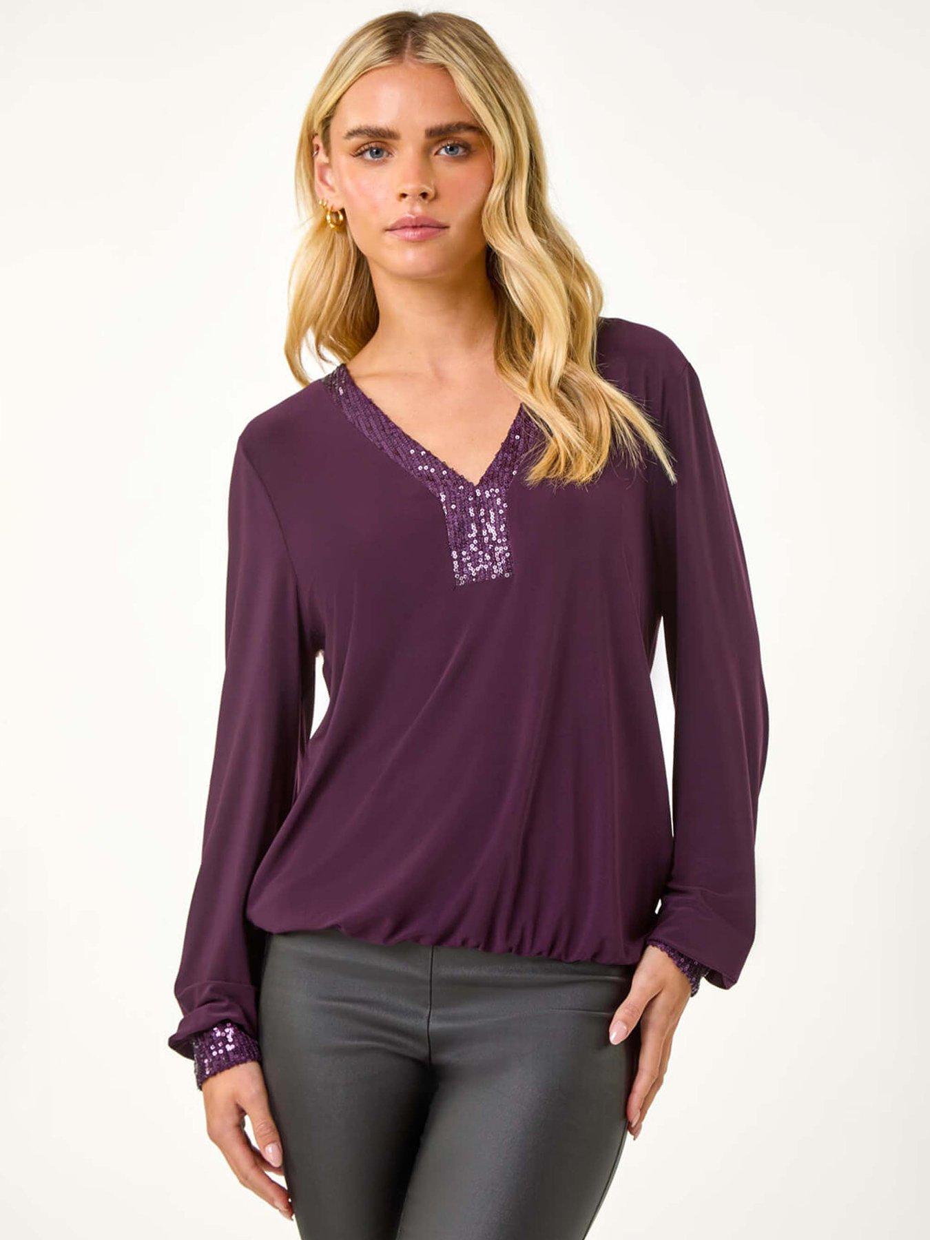 Roman Petite Sequin Trim Blouson Top - Plum