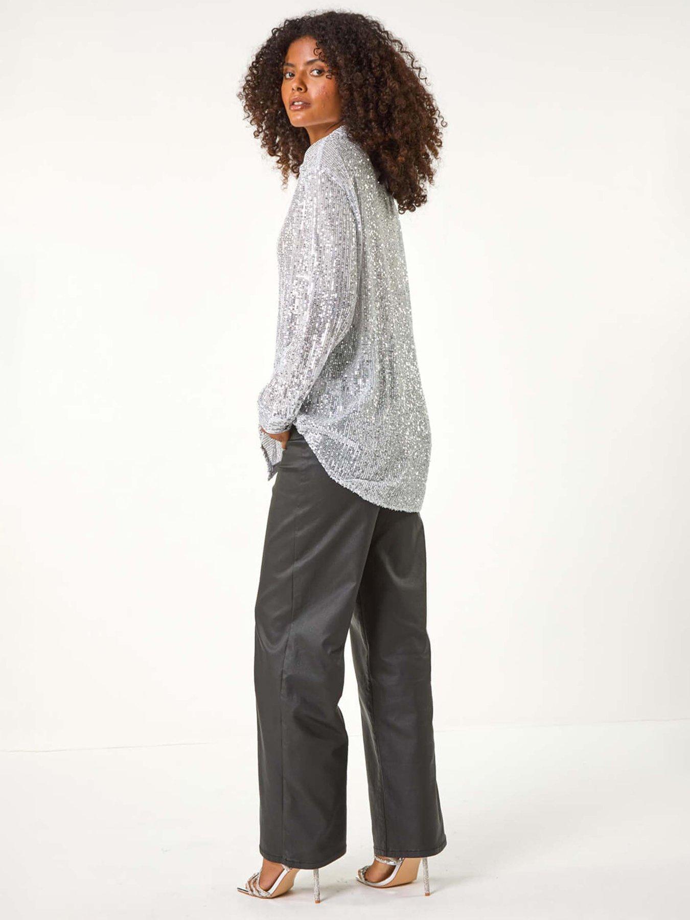 roman-dusk-sequin-button-through-blouse-silverstillFront