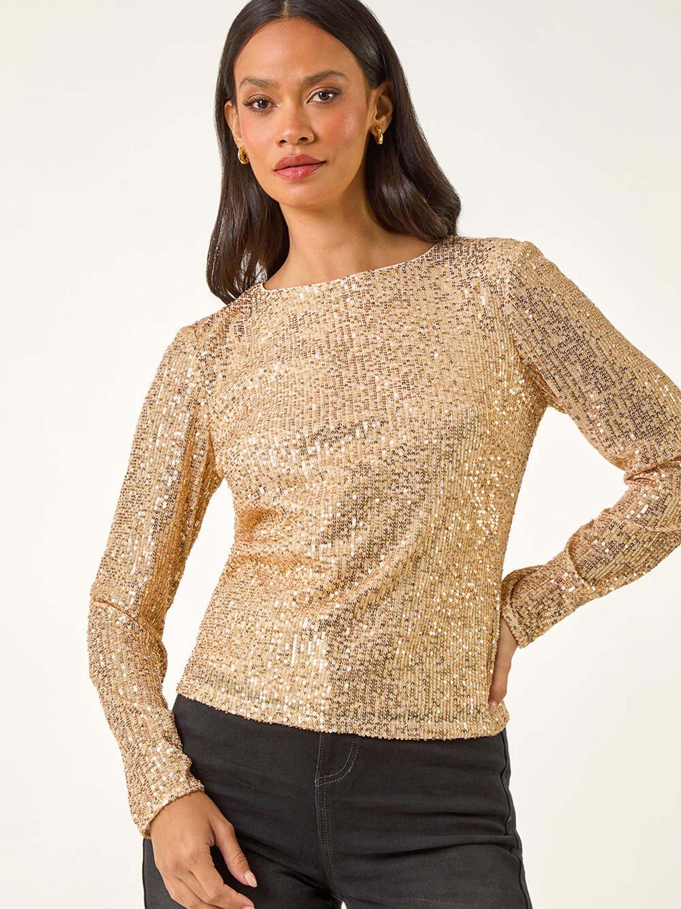 Roman Dusk Sequin Long Sleeve Stretch Top - Gold