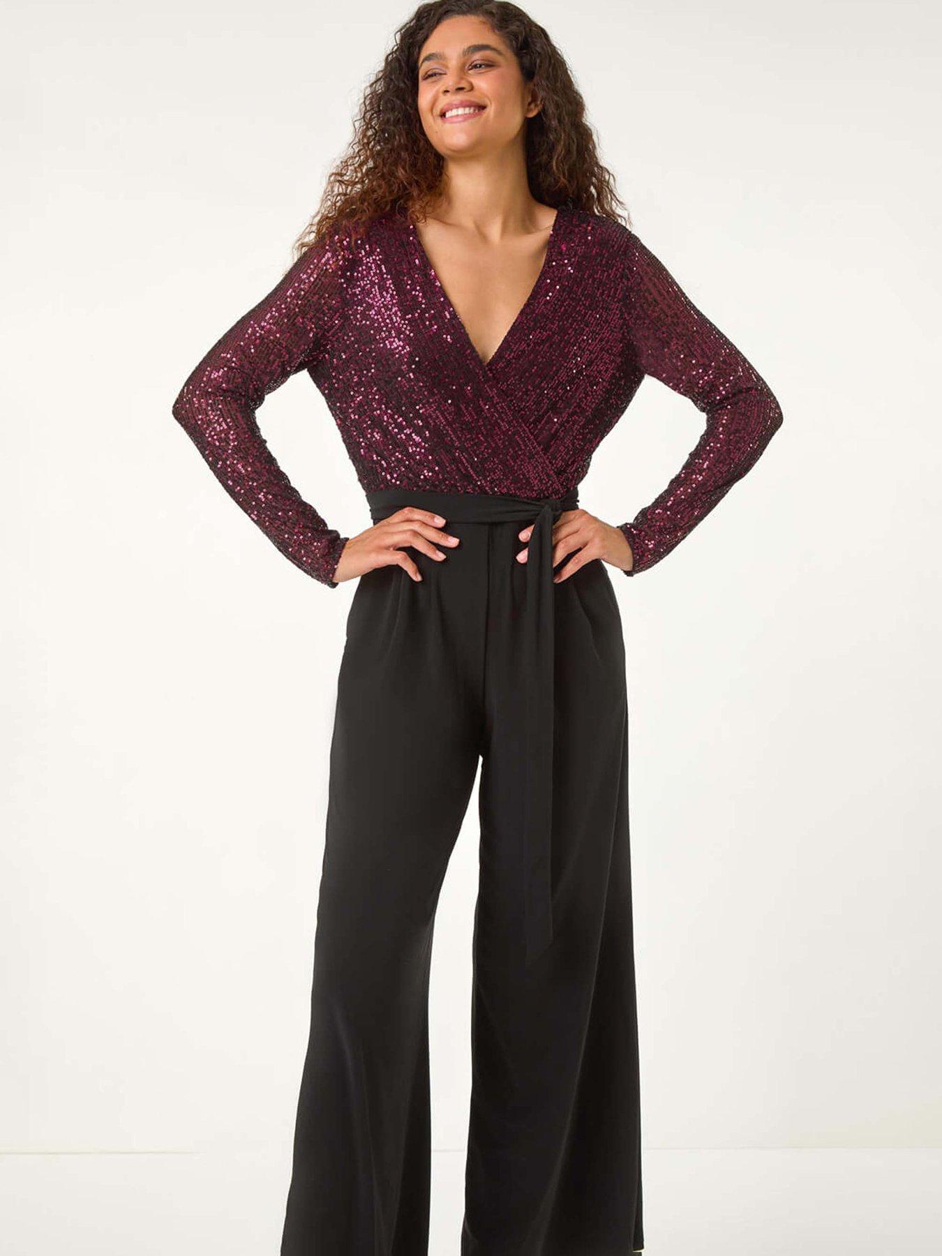 Image 3 of 5 of Roman Sequin Wrap V-neck Stretch Jumpsuit - Magenta
