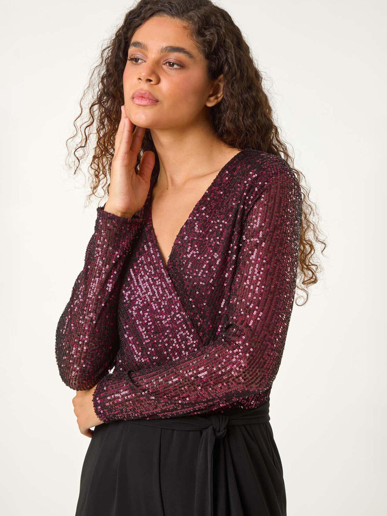Image 4 of 5 of Roman Sequin Wrap V-neck Stretch Jumpsuit - Magenta