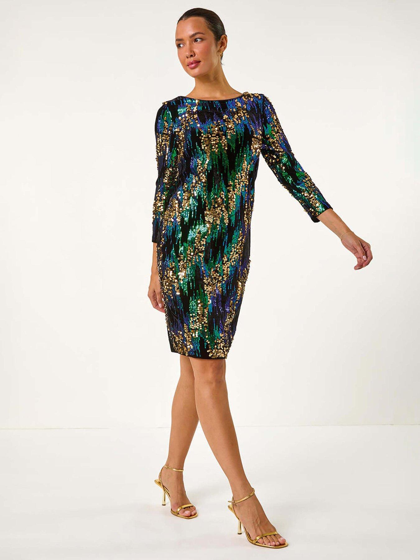 Roman Sequin Shimmer Velvet Dress - Green
