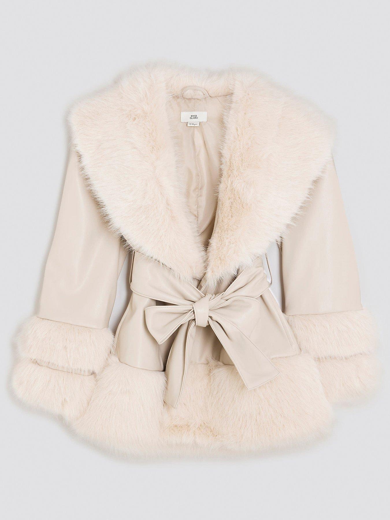 River Island Older Girls Faux Fur Wrap Coat - Cream