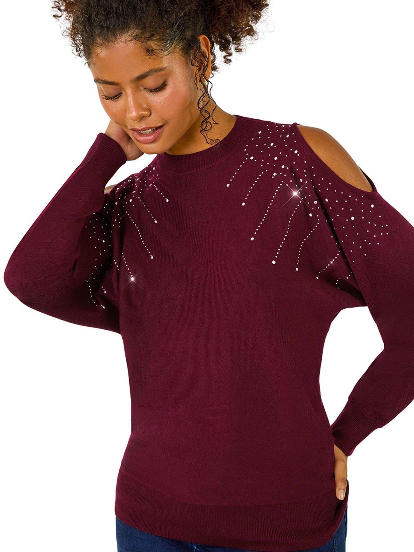 Roman Embellished Cold Shoulder Knit Jumper - Wine