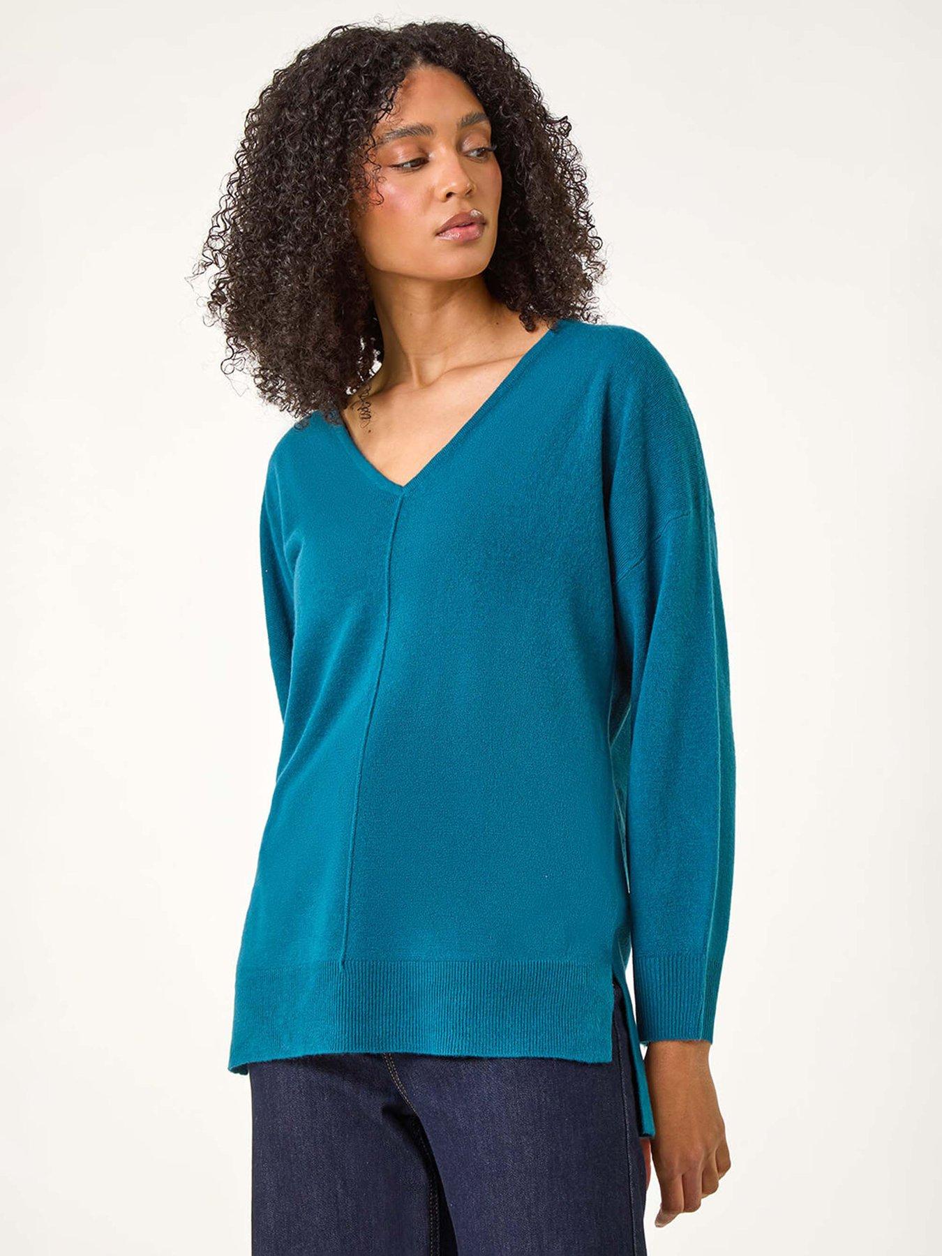 Roman Soft V-neck Side Split Knit Sweater - Teal