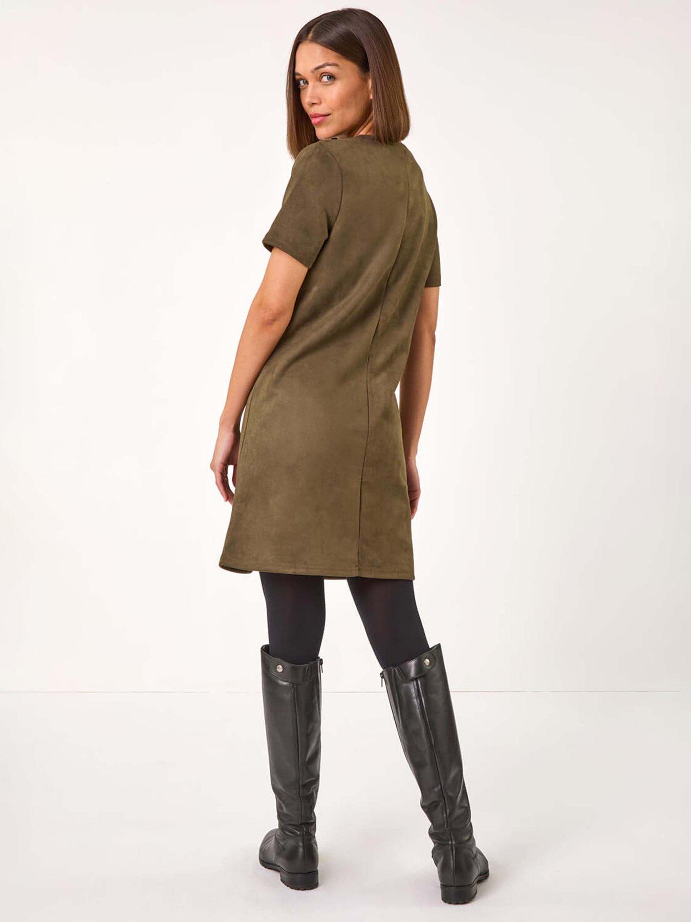 roman-suedette-button-shift-stretch-dress-khakistillFront