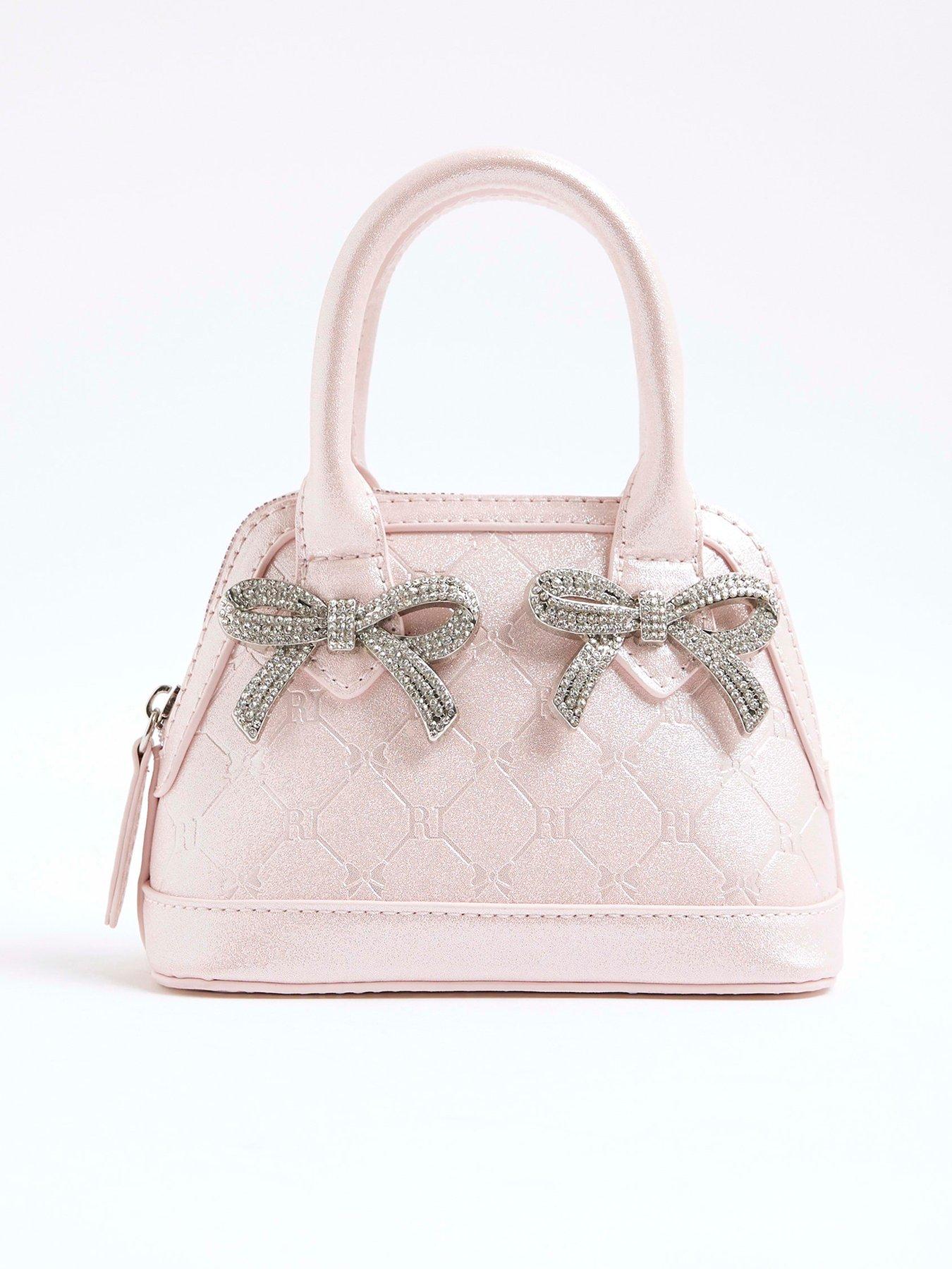 Image 1 of 5 of River Island Older Girls Metallic Bow Tote Bag - Pink