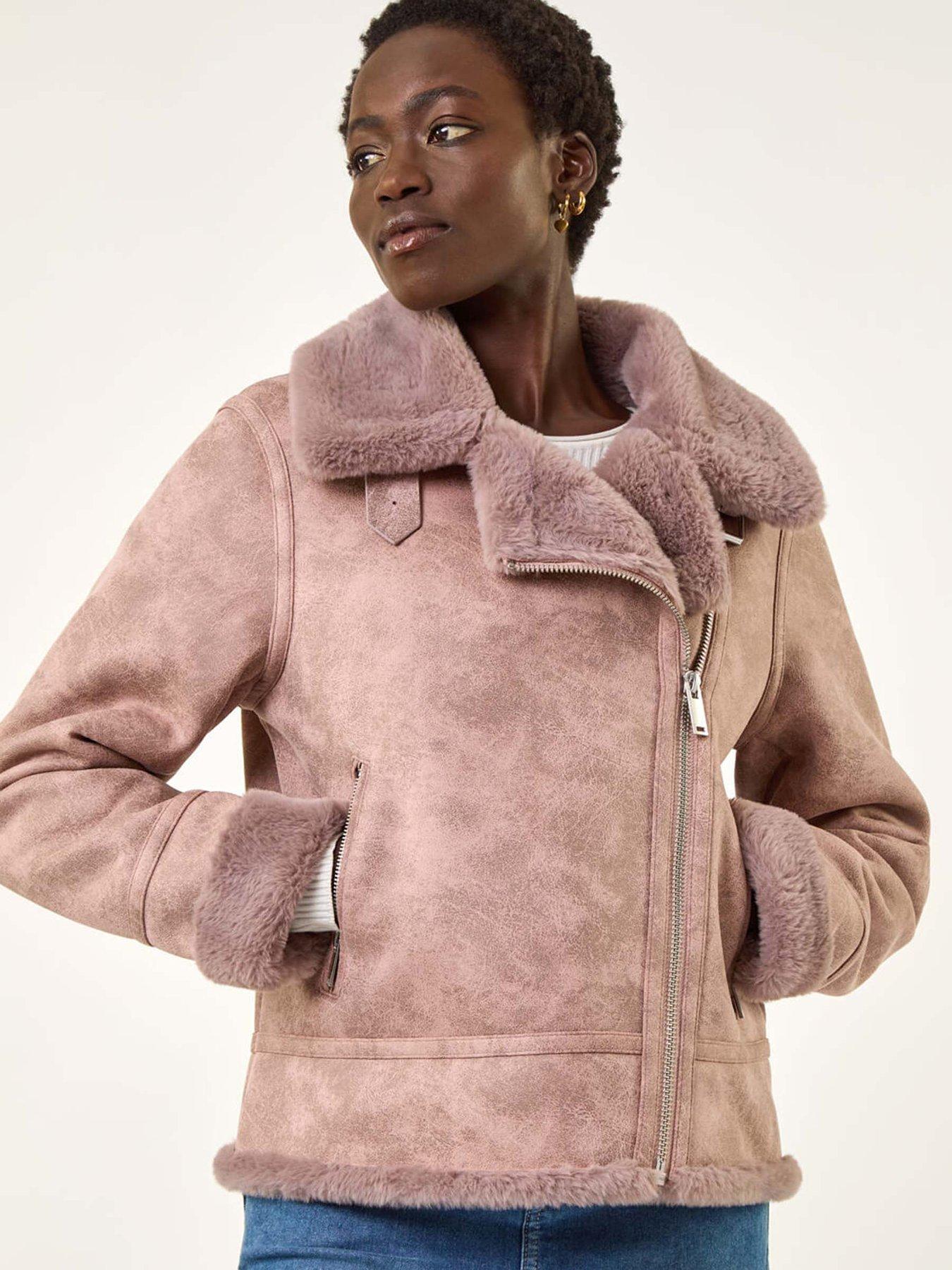 Roman Contrast Aviator Fur Coat - Light Pink
