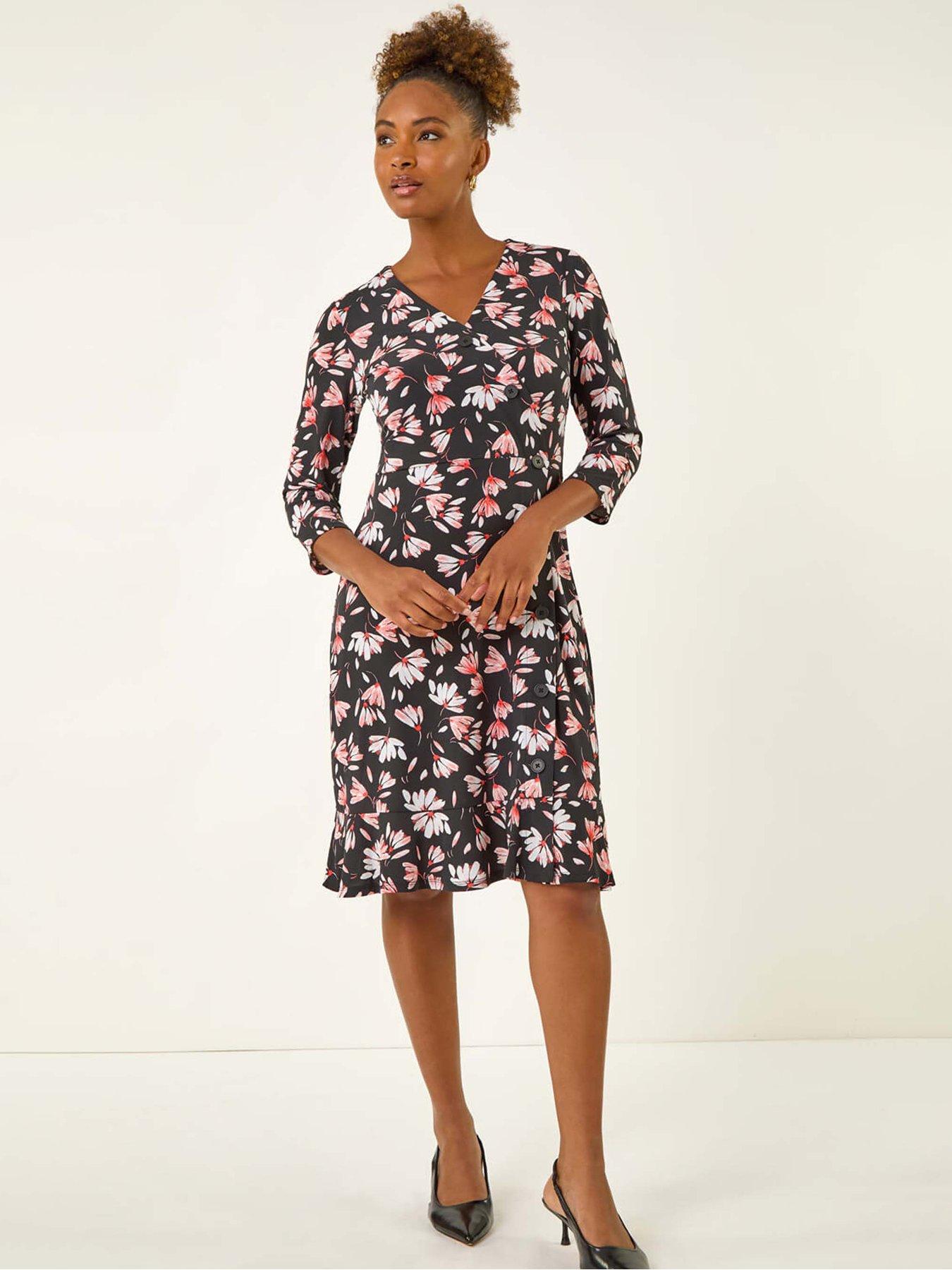 Roman Floral Print Stretch Dress - Coral