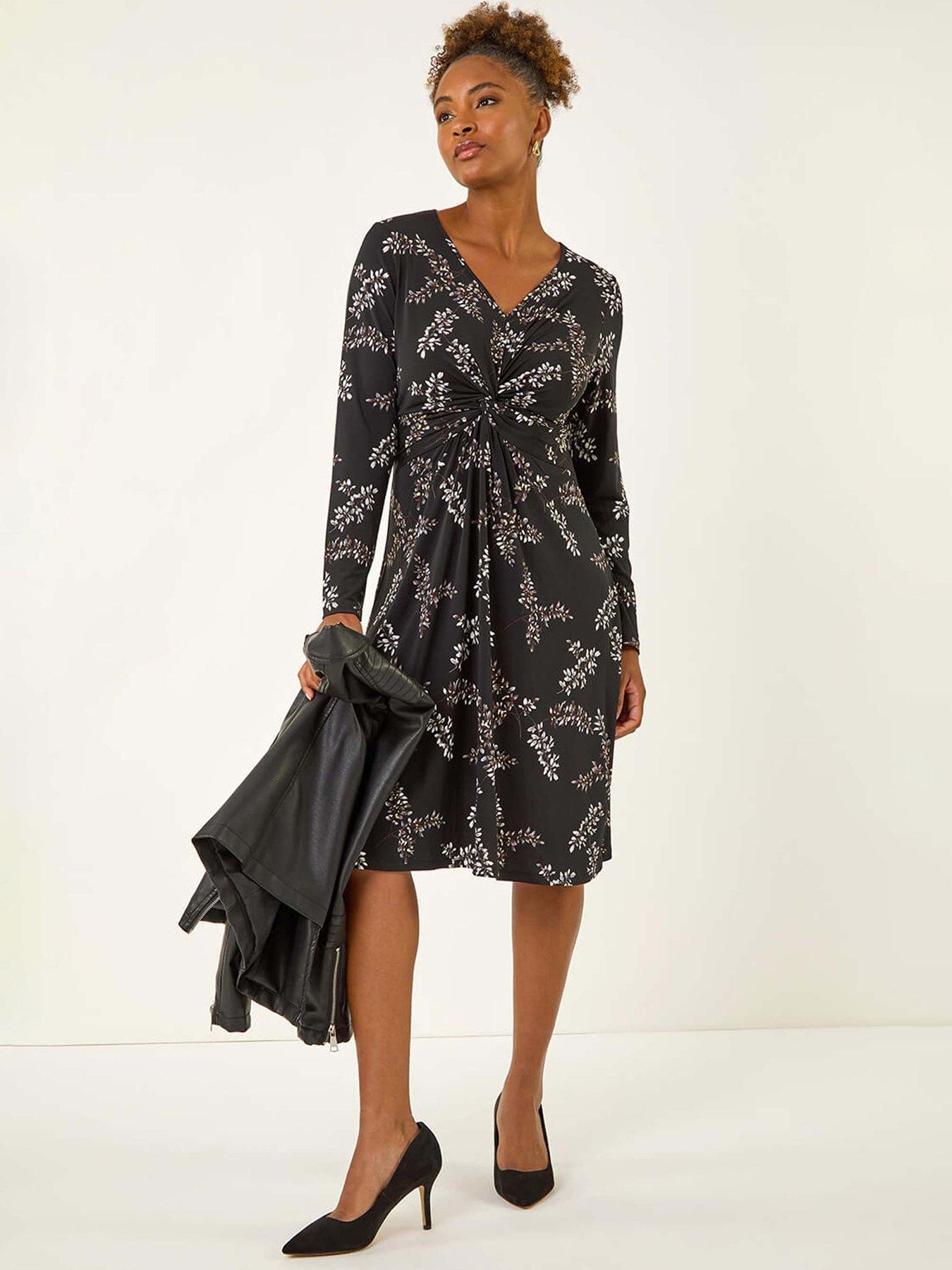 Roman Floral Print Twist Front Midi Dress - Black