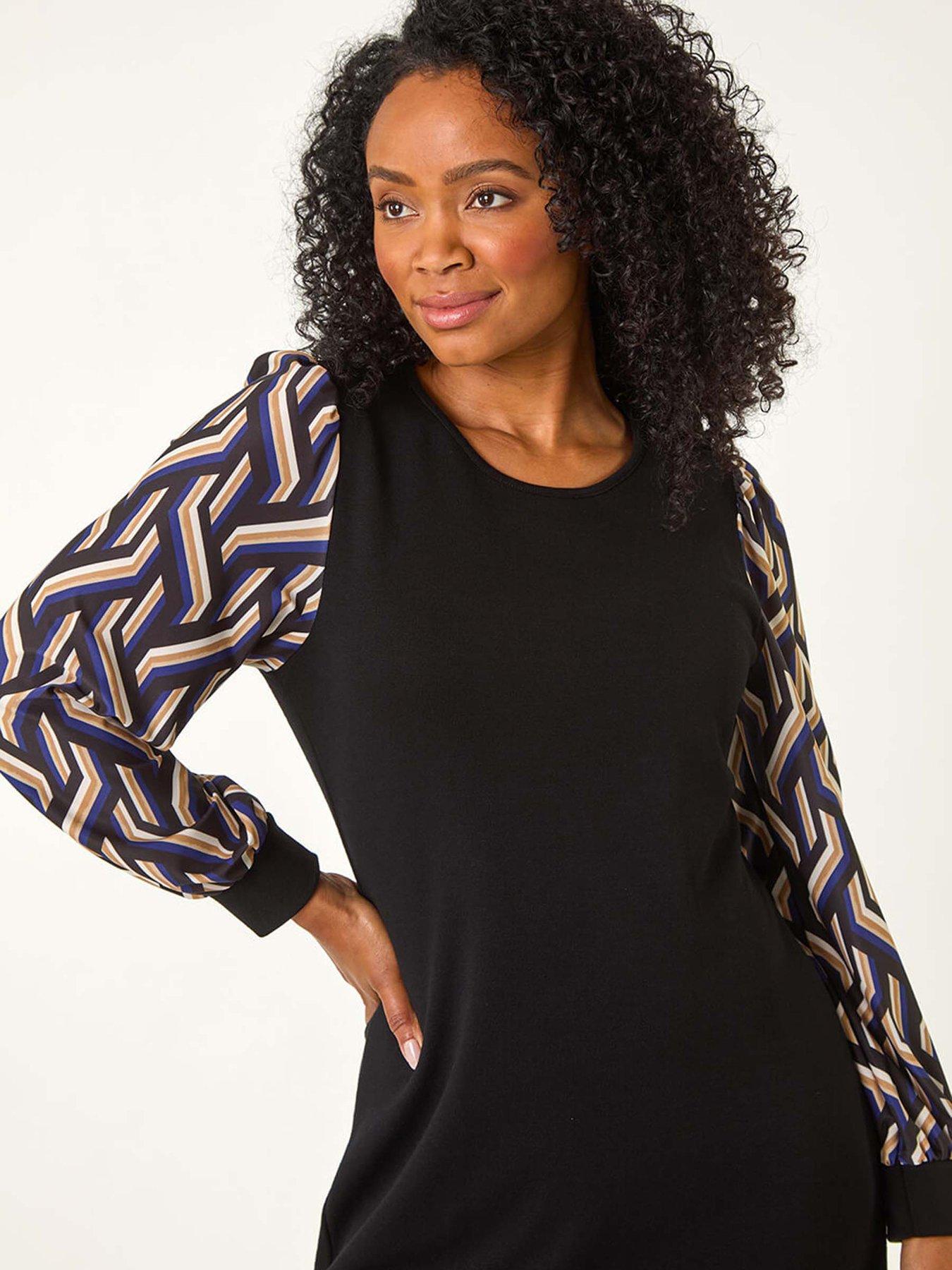 roman-petite-geo-print-sleeve-shift-dress-royal-blueoutfit